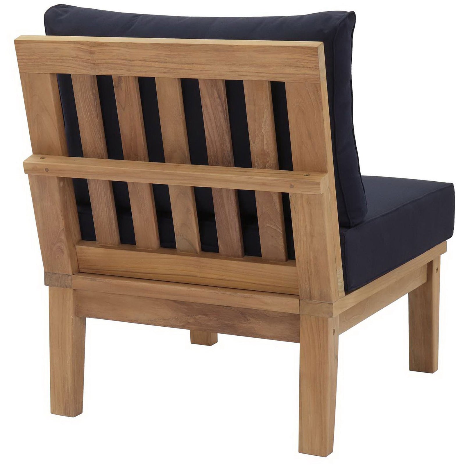 Slatted teak backrest pairs with rich navy cushions for a refined patio chair || EEI-1150-NAT-NAV-SET || back_angle_studio