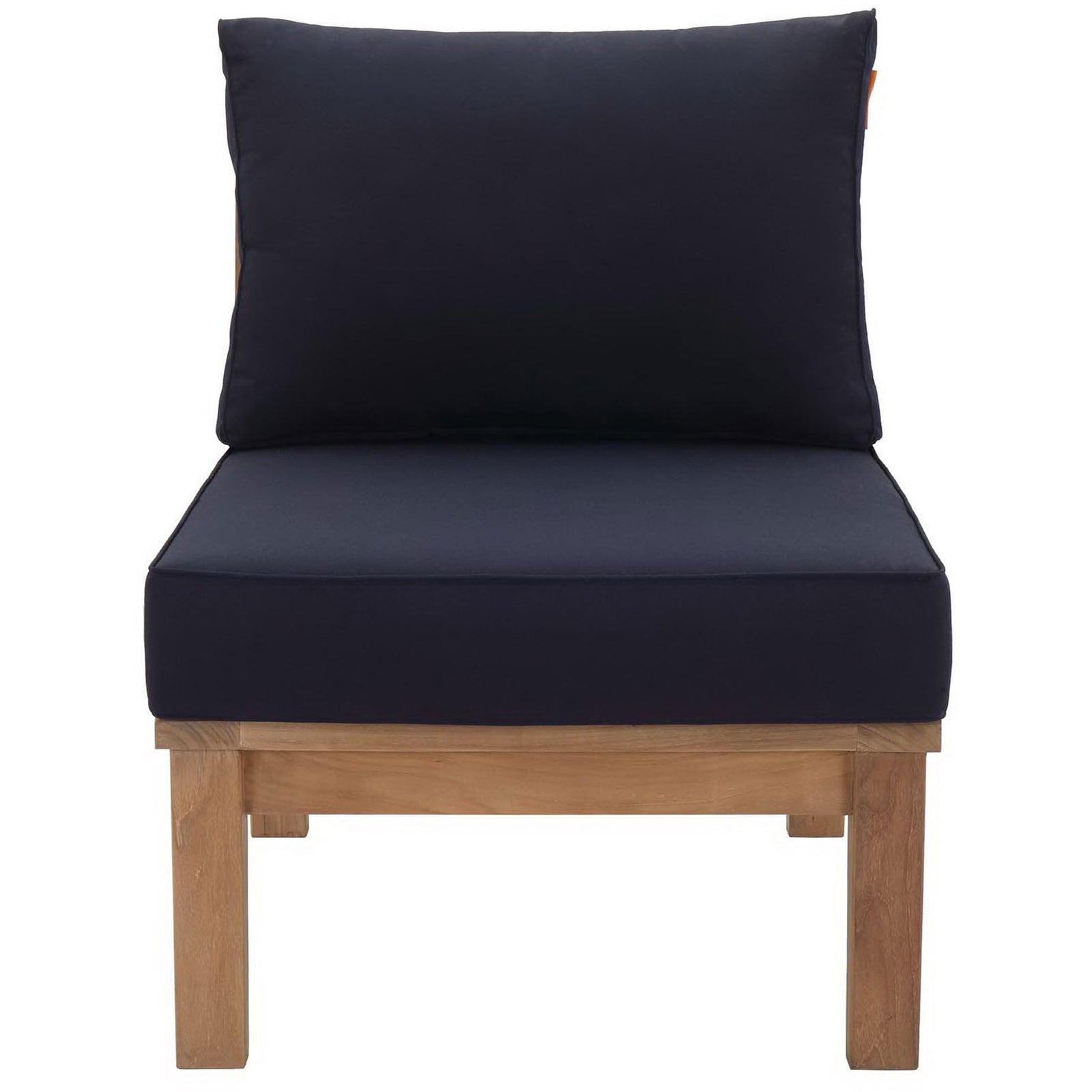 Teak armless outdoor chair with deep navy cushions for bold modular seating || EEI-1150-NAT-NAV-SET || front_studio