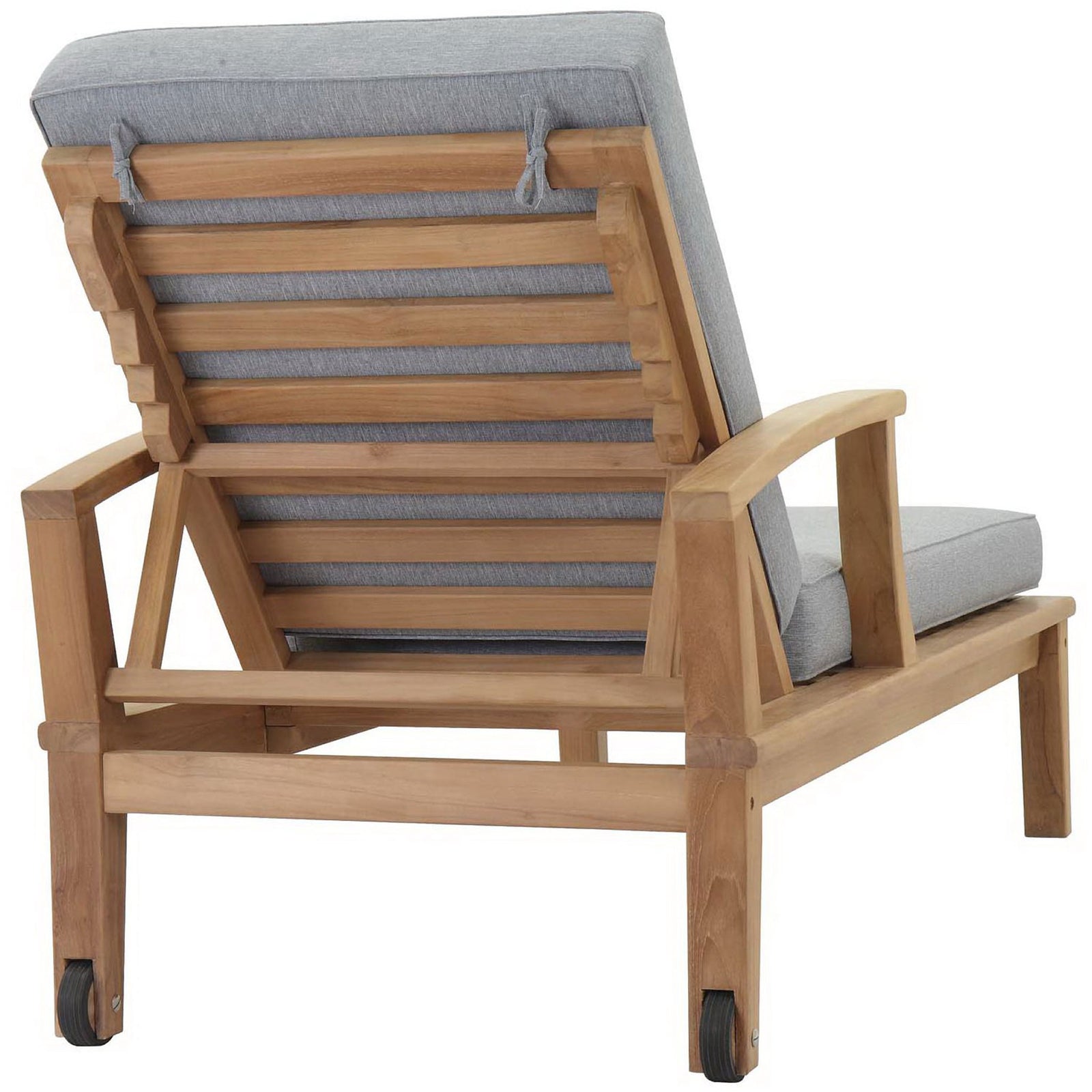 Teak chaise lounge showcasing slatted adjustable backrest, gray cushion ties, and smooth rolling wheels || EEI-1151-NAT-GRY-SET || back_angle_studio