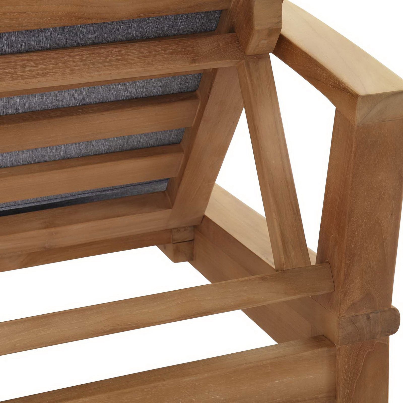 Solid teak frame construction with angular support braces and warm natural wood grain || EEI-1151-NAT-GRY-SET || detail_studio