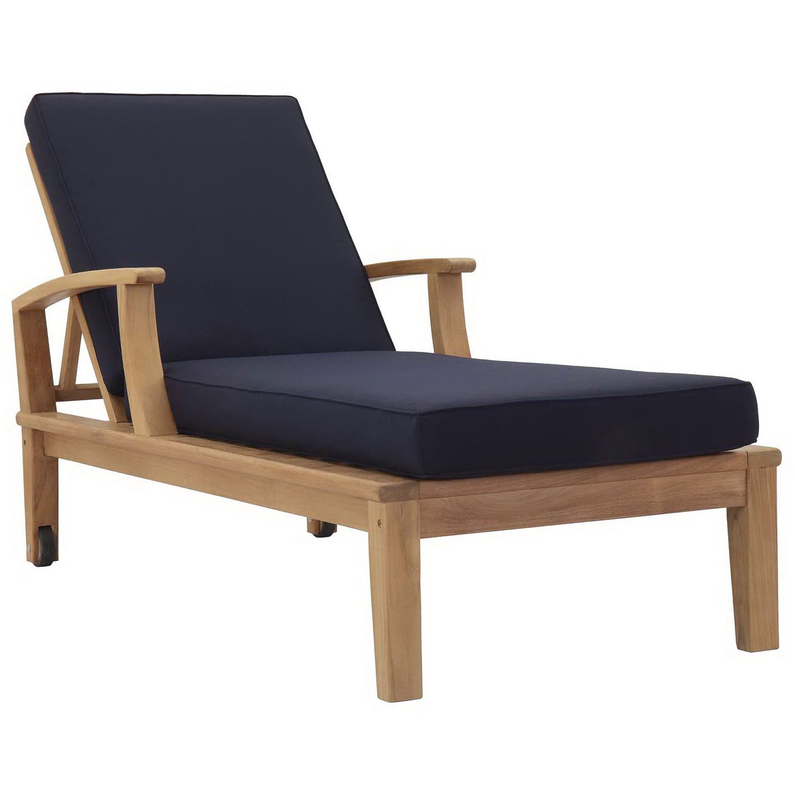 Modern teak patio chaise with navy cushions and gently curved armrests on sturdy base || EEI-1151-NAT-NAV-SET || front_angle_studio