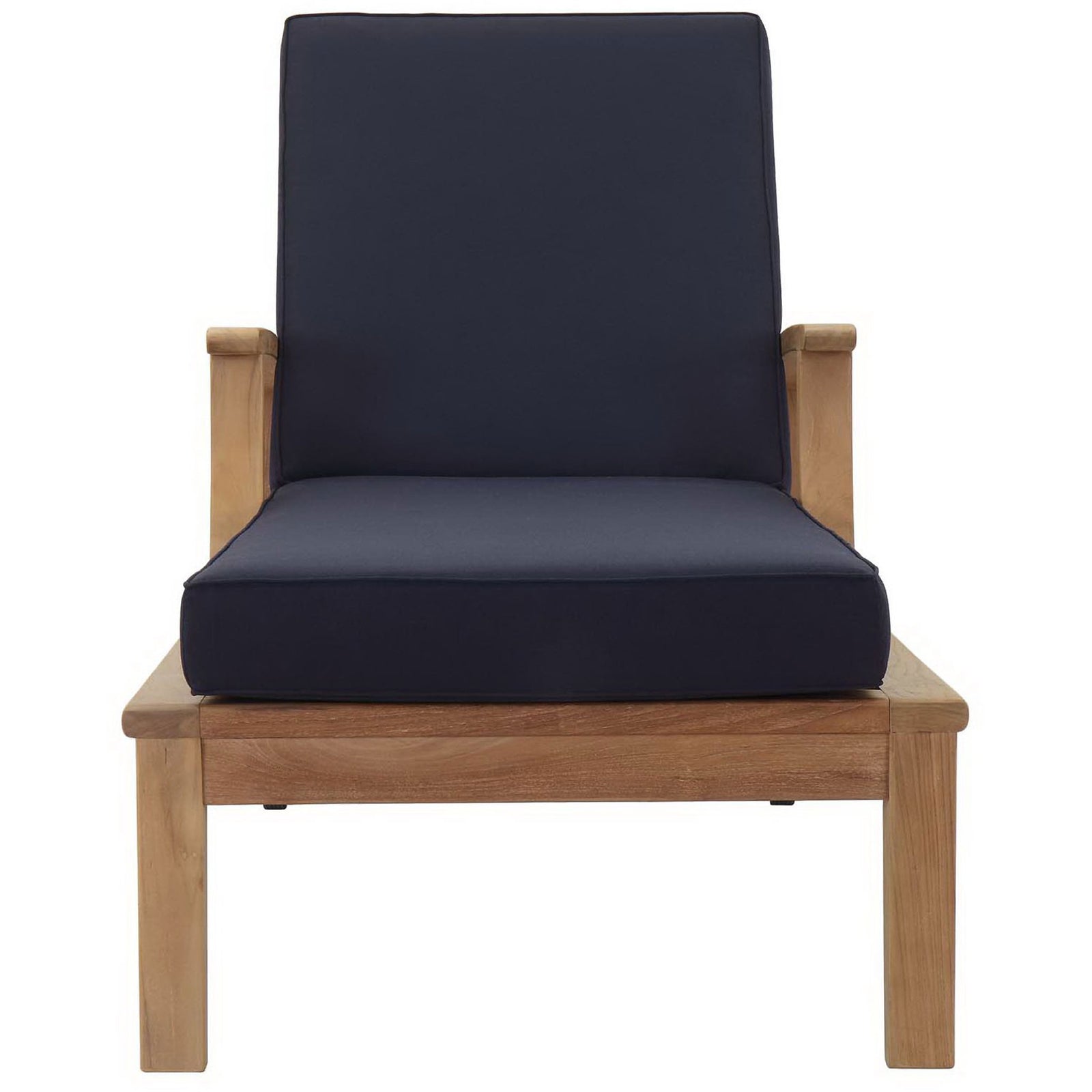 Teak outdoor chaise lounge with navy cushions and supportive backrest || EEI-1151-NAT-NAV-SET || front_studio