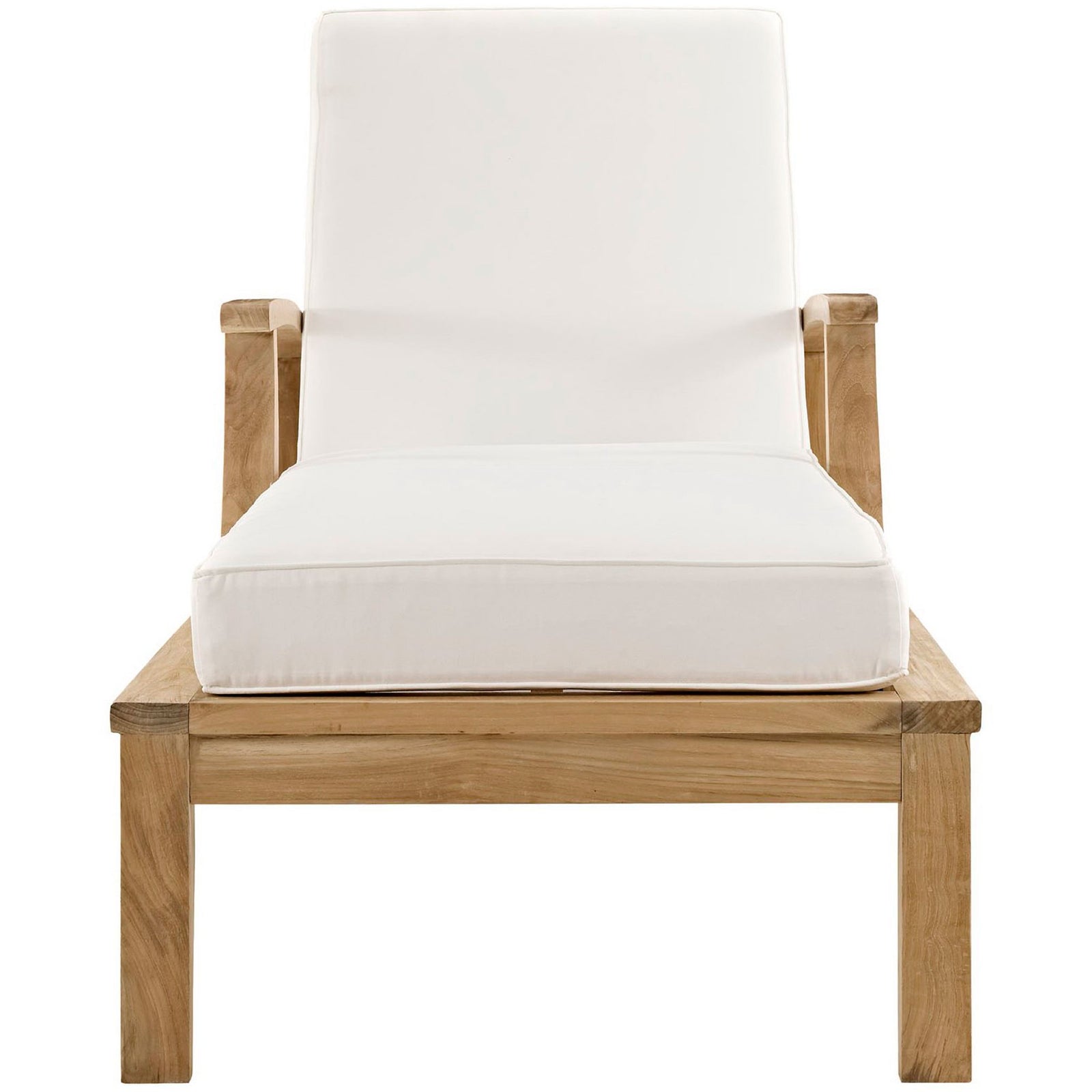 Teak outdoor chaise lounge with white cushions and supportive backrest for bright poolside style || EEI-1151-NAT-WHI-SET || front_studio