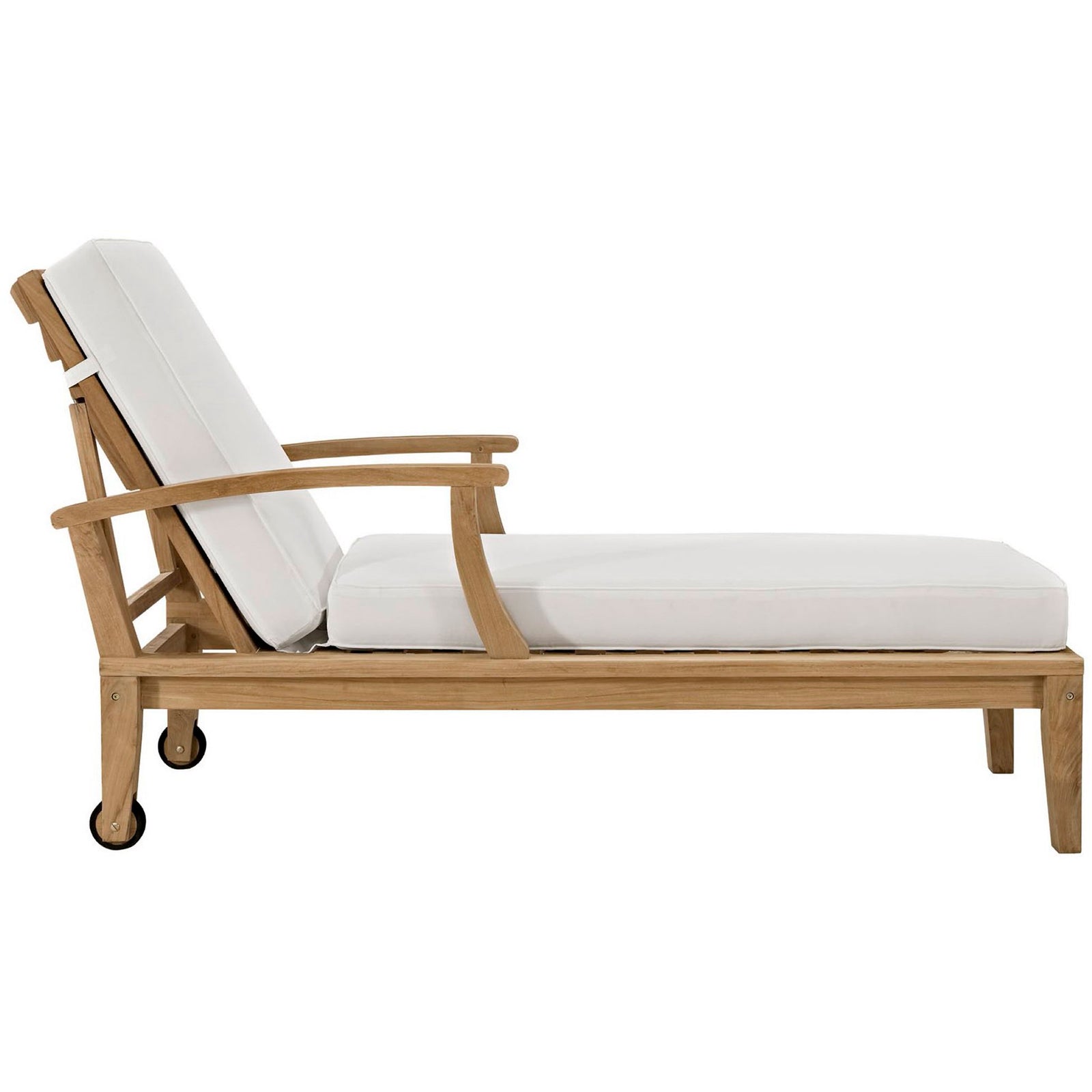 Low-profile teak chaise lounge with white cushions and rear wheels for easy repositioning || EEI-1151-NAT-WHI-SET || side_studio