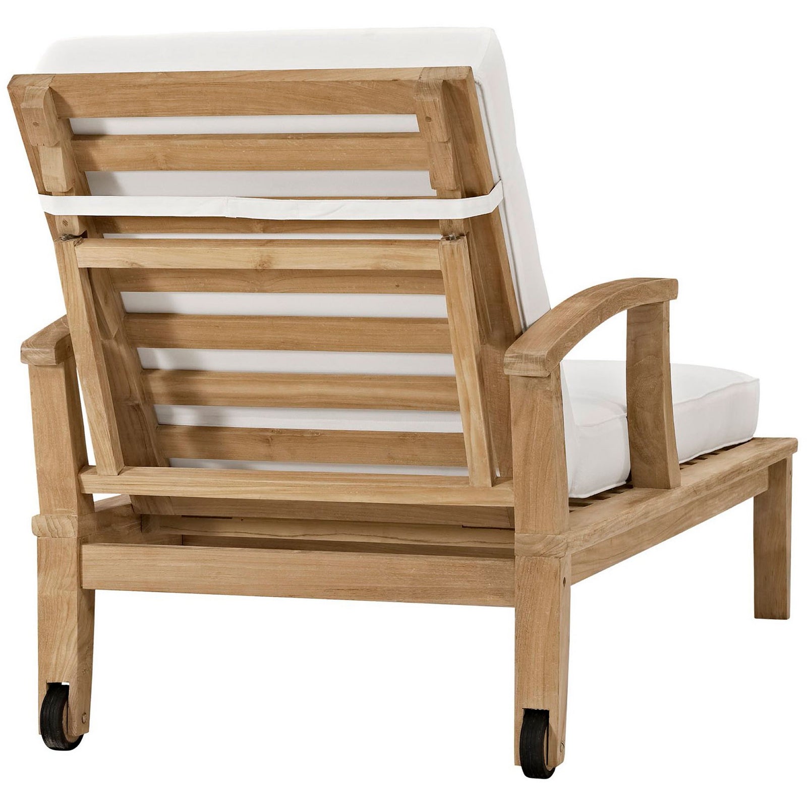 Teak chaise lounge showcasing slatted adjustable backrest, white cushion strap, and smooth rolling wheels || EEI-1151-NAT-WHI-SET || back_angle_studio