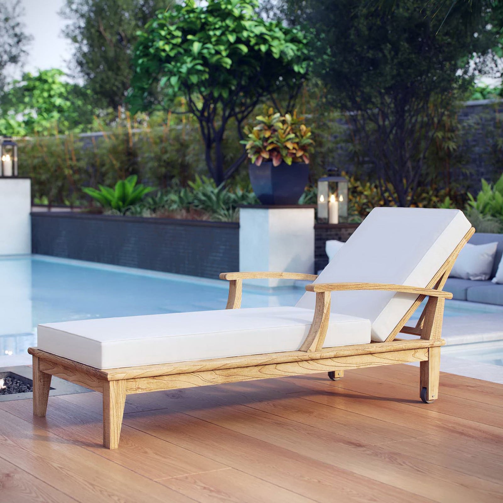 Teak chaise lounge with white cushions arranged beside a pool for serene outdoor relaxation || EEI-1151-NAT-WHI-SET || front_angle_room