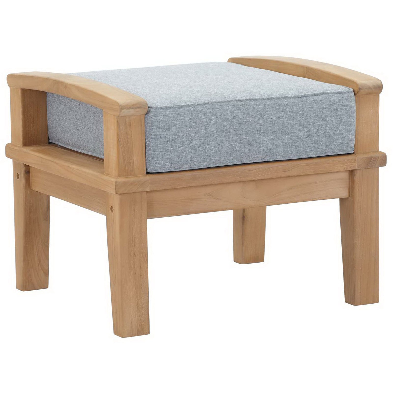 Teak outdoor ottoman with curved arms and a thick gray cushion for versatile patio seating. || EEI-1152-NAT-GRY-SET || front_angle_studio