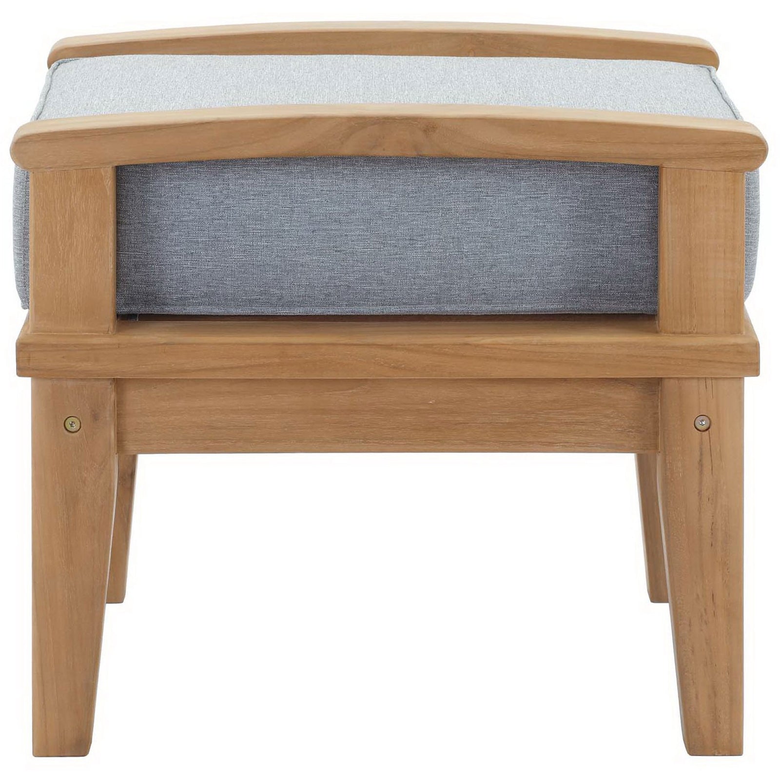 Compact teak patio ottoman showing the smooth gray cushion and sturdy wood frame. || EEI-1152-NAT-GRY-SET || side_studio