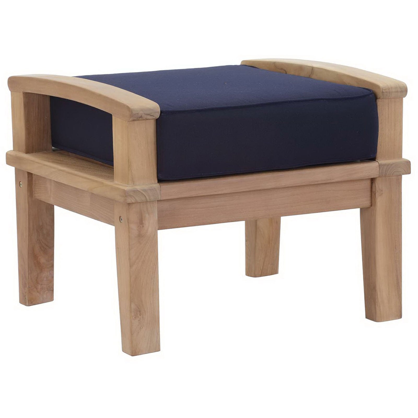 Teak outdoor ottoman with curved arms and a plush navy cushion for resort-style lounging. || EEI-1152-NAT-NAV-SET || front_angle_studio