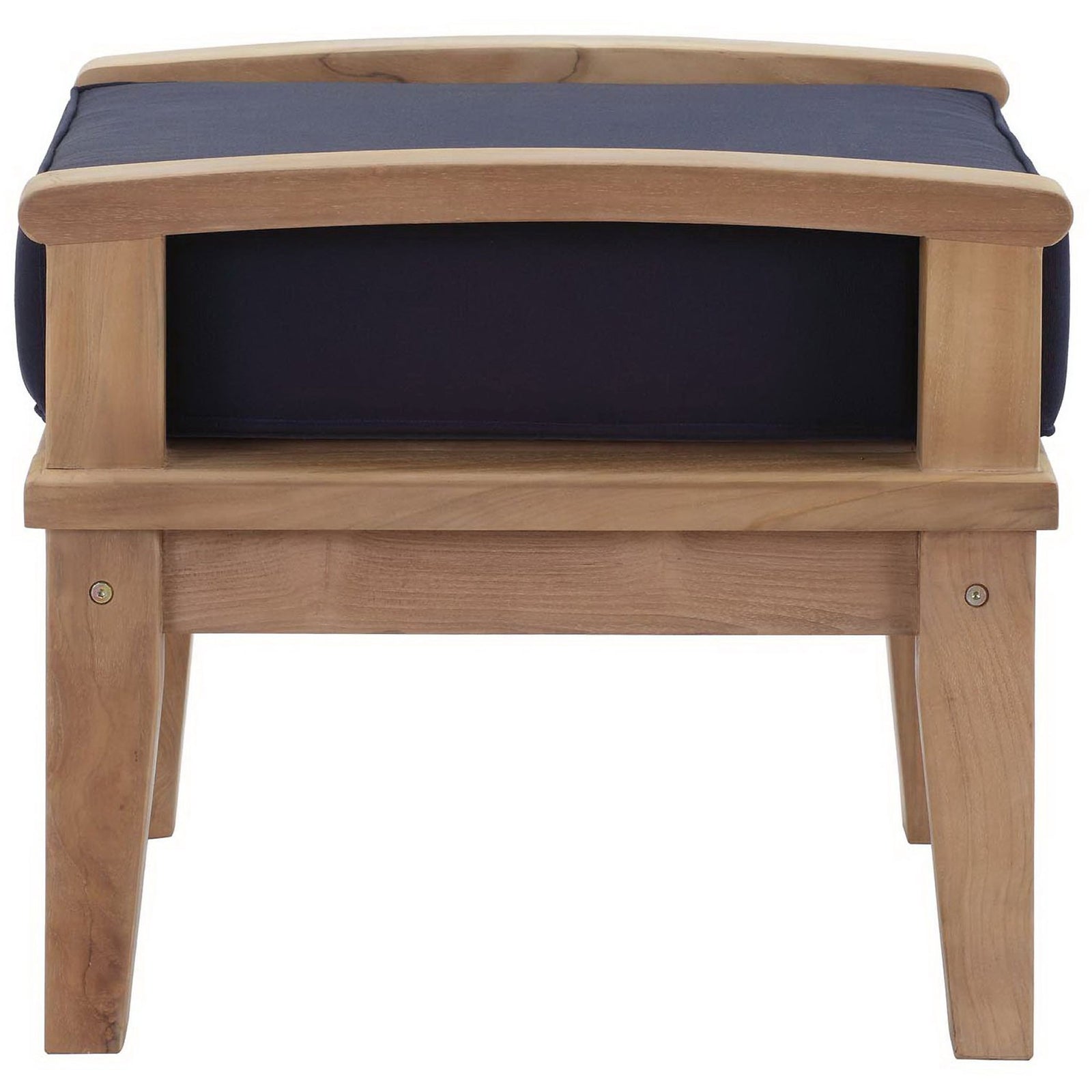 Compact teak patio ottoman with deep navy cushion and smooth wood frame. || EEI-1152-NAT-NAV-SET || side_studio