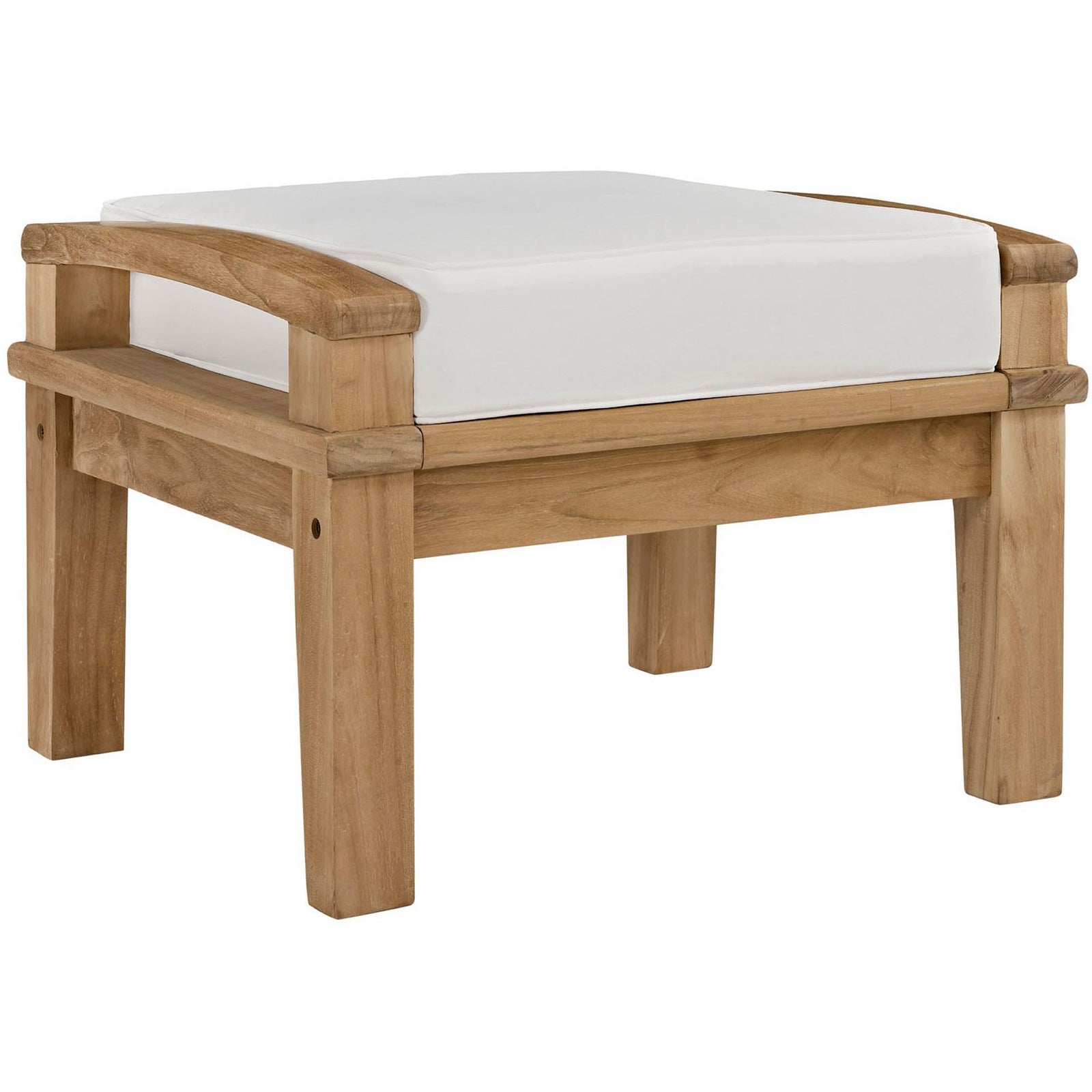 Teak outdoor ottoman with curved arms and a crisp white cushion for fresh patio style. || EEI-1152-NAT-WHI-SET || front_angle_studio