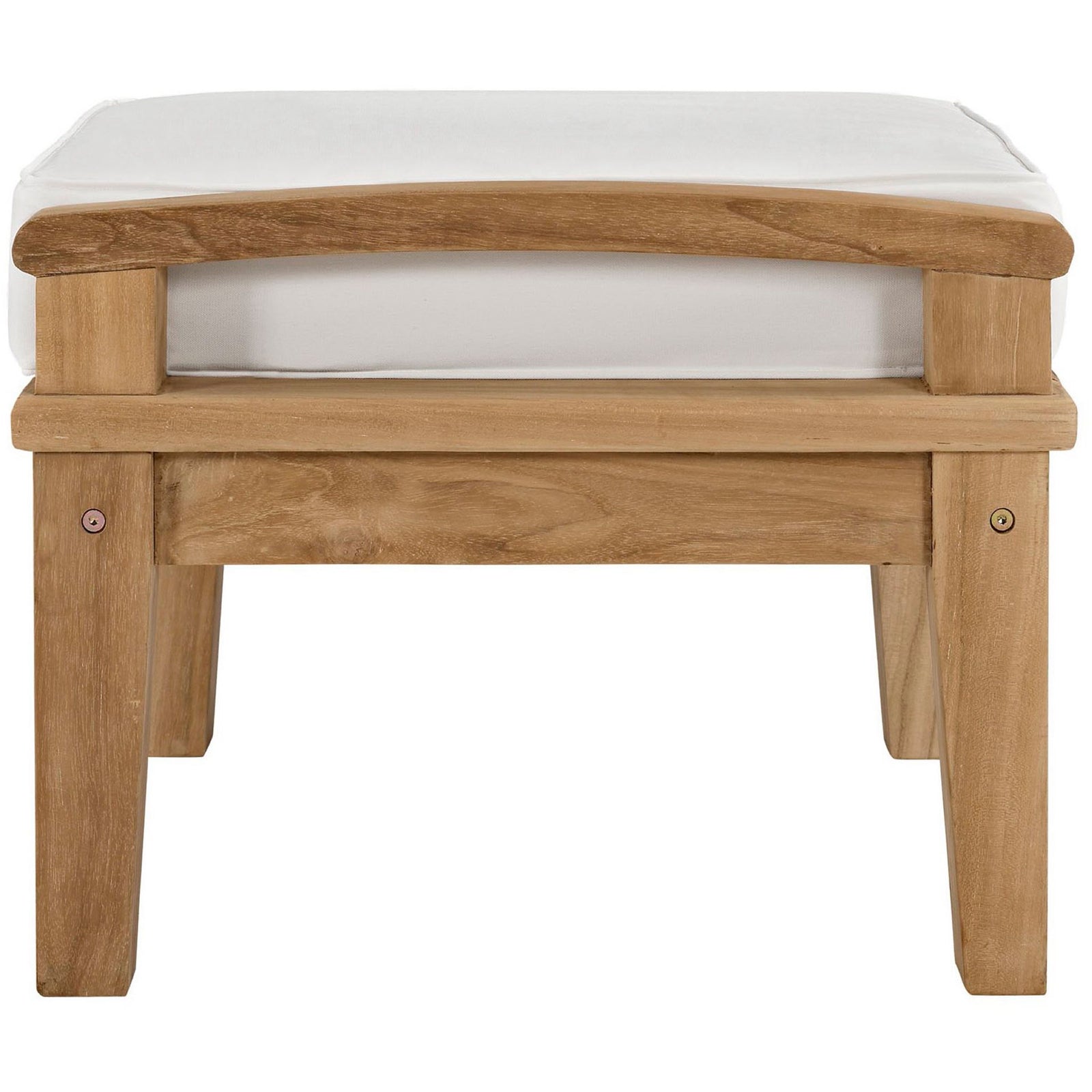 Compact teak patio ottoman with bright white cushion and smooth wood legs. || EEI-1152-NAT-WHI-SET || side_studio