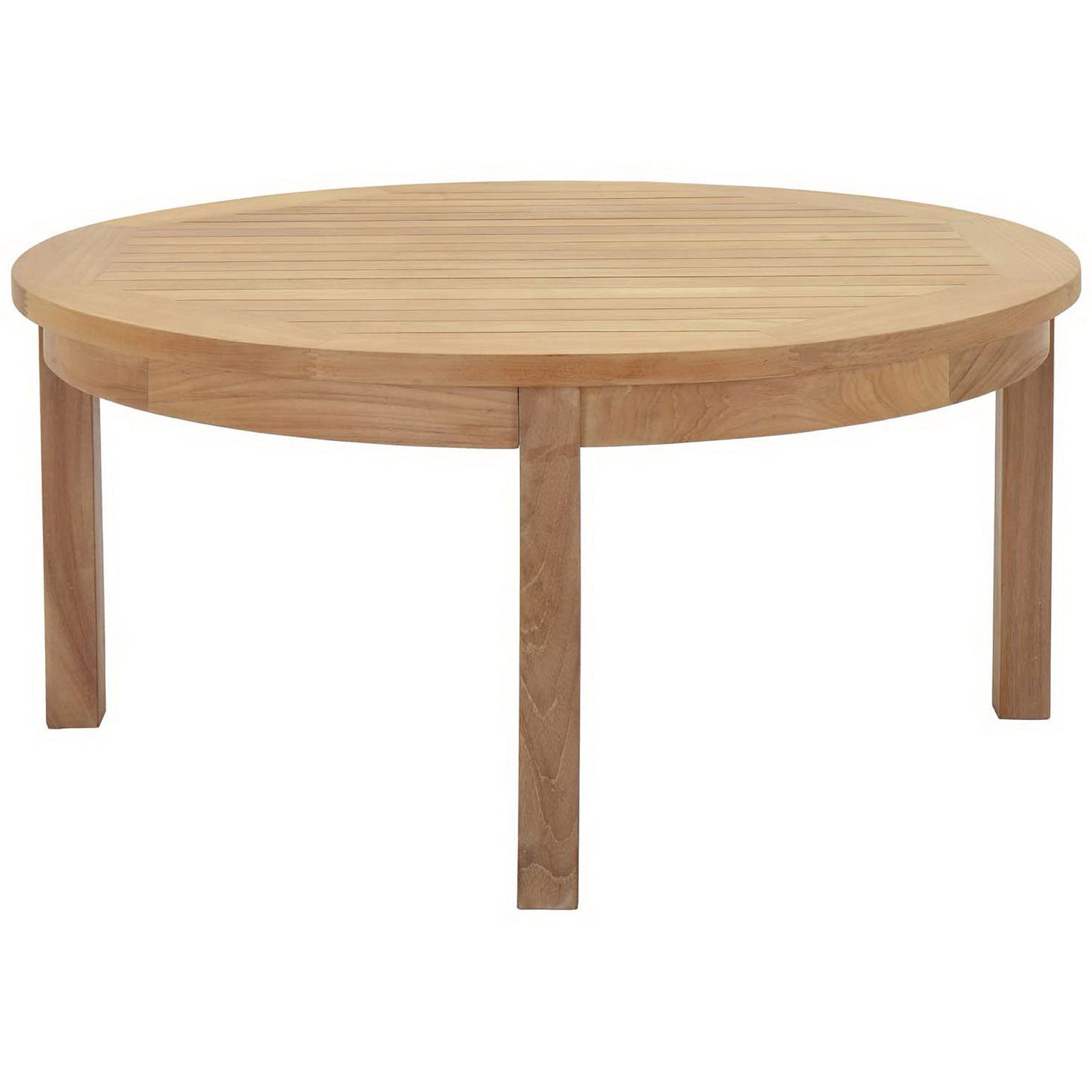 Round teak outdoor coffee table with smooth edges and three sturdy legs. || EEI-1153-NAT || front_angle_studio