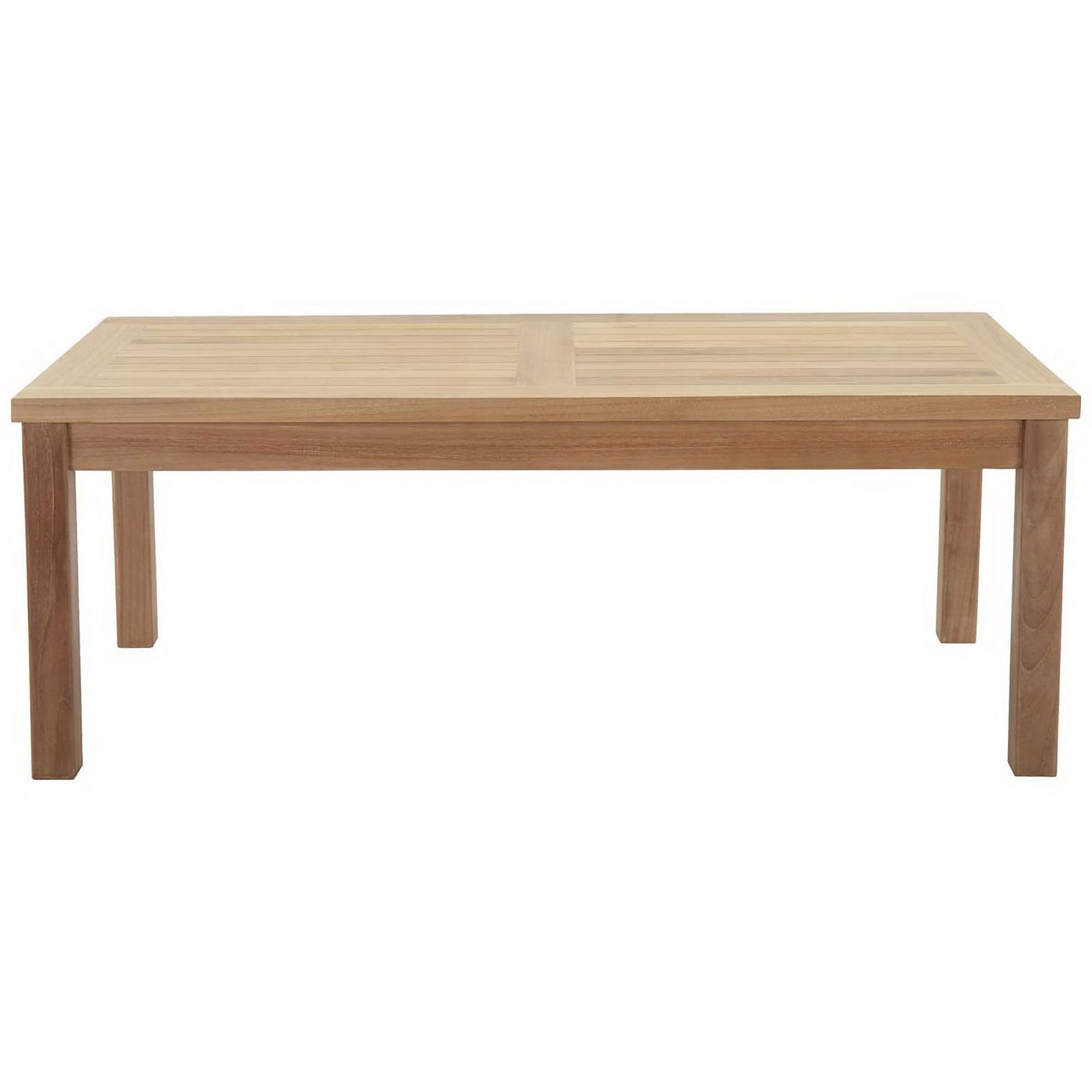 Solid teak outdoor coffee table showcasing sturdy legs and an elongated rectangular profile. || EEI-1154-NAT || front_studio