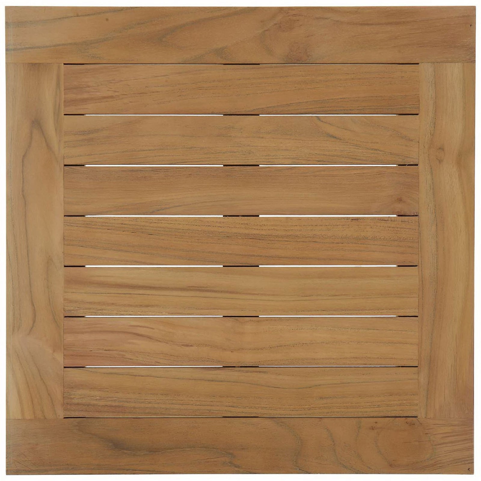 Square teak tabletop with wide perimeter border and slatted center design that lets rainwater drain through. || EEI-1155-NAT || top_studio