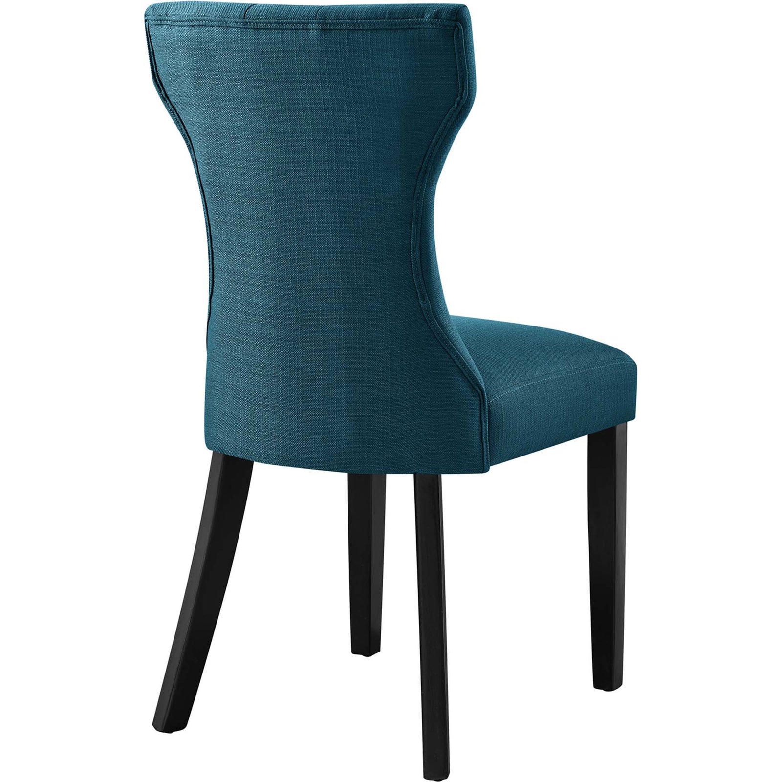 Shapely azure dining chair showcasing sculpted back and neatly tailored upholstery || EEI-1380-AZU || back_angle_studio