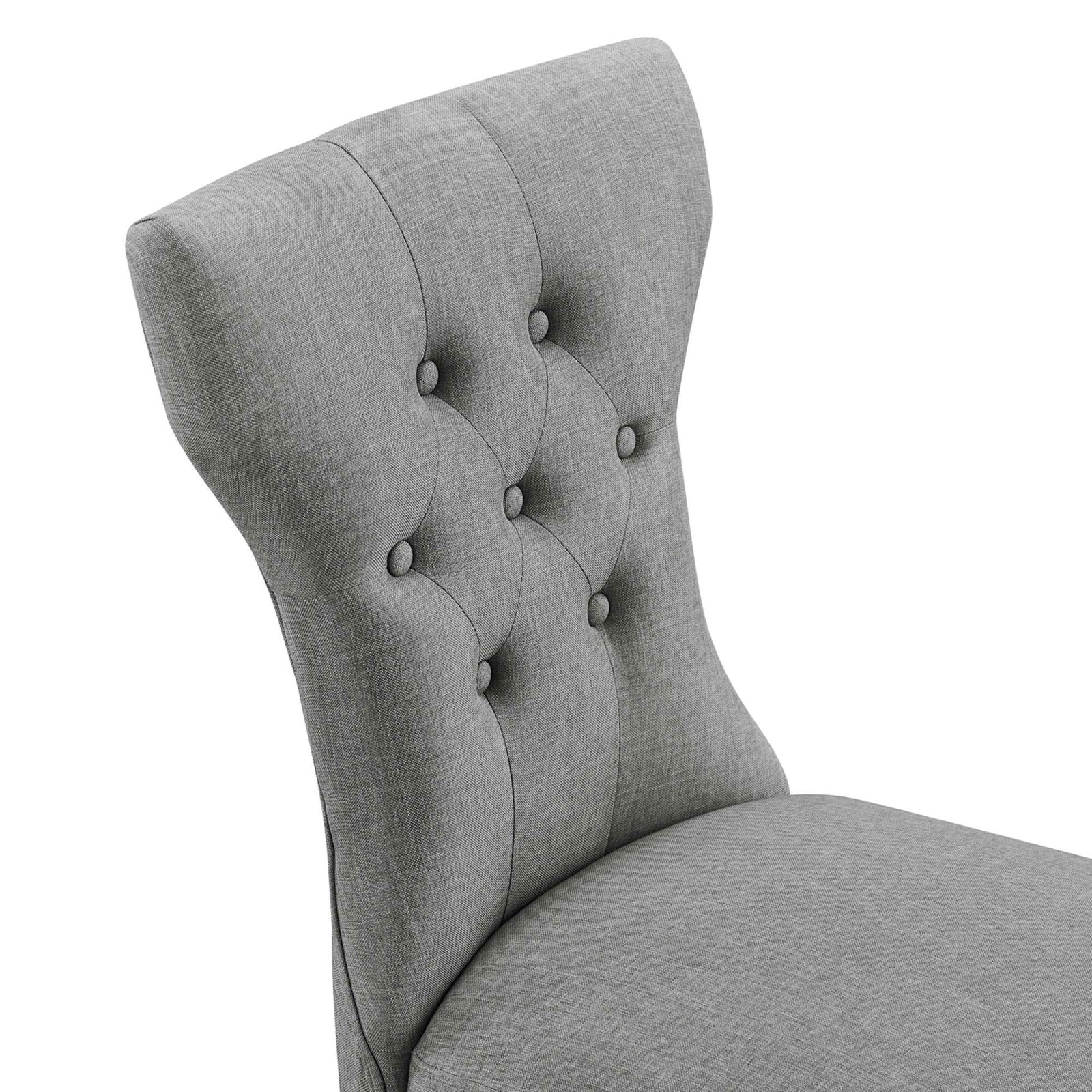 Button-tufted hourglass backrest in light gray fabric highlighting tailored stitching and texture || EEI-1380-LGR || detail_studio