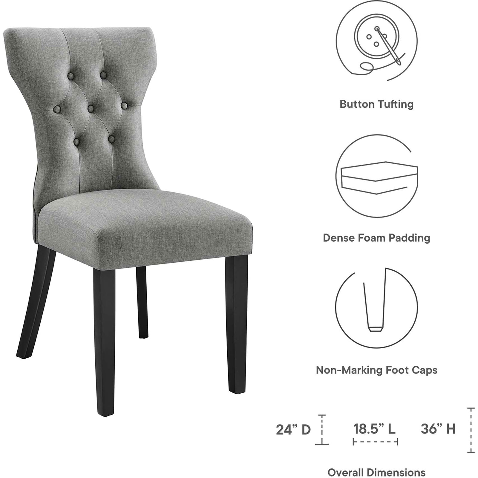 Light gray dining chair featuring button tufting, dense foam padding, and non-marking capped legs || EEI-1380-LGR || dimension_studio