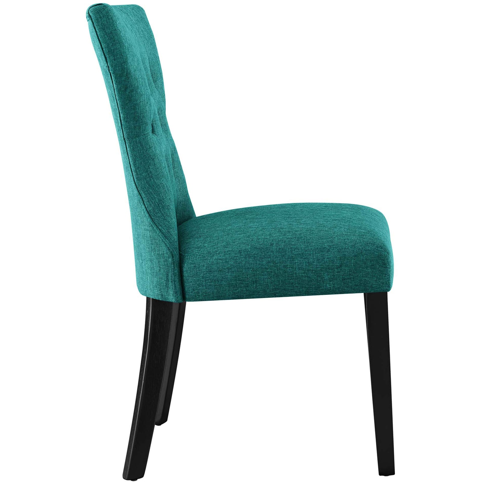 Teal dining chair with generously cushioned seat and gently splayed dark wood legs || EEI-1380-TEA || side_studio