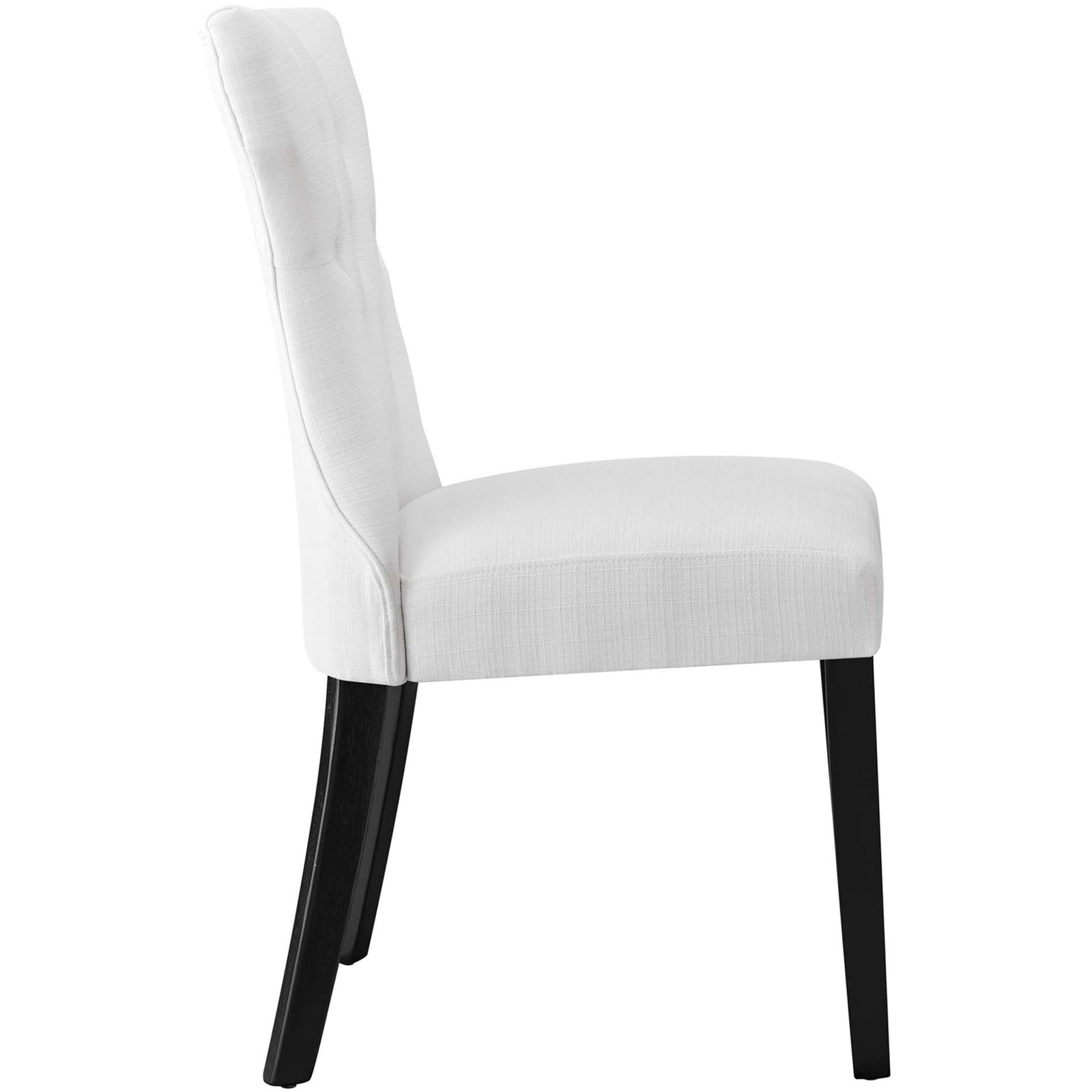 Upholstered white dining chair showcasing thick foam seat and gently splayed espresso-finish legs || EEI-1380-WHI || side_studio