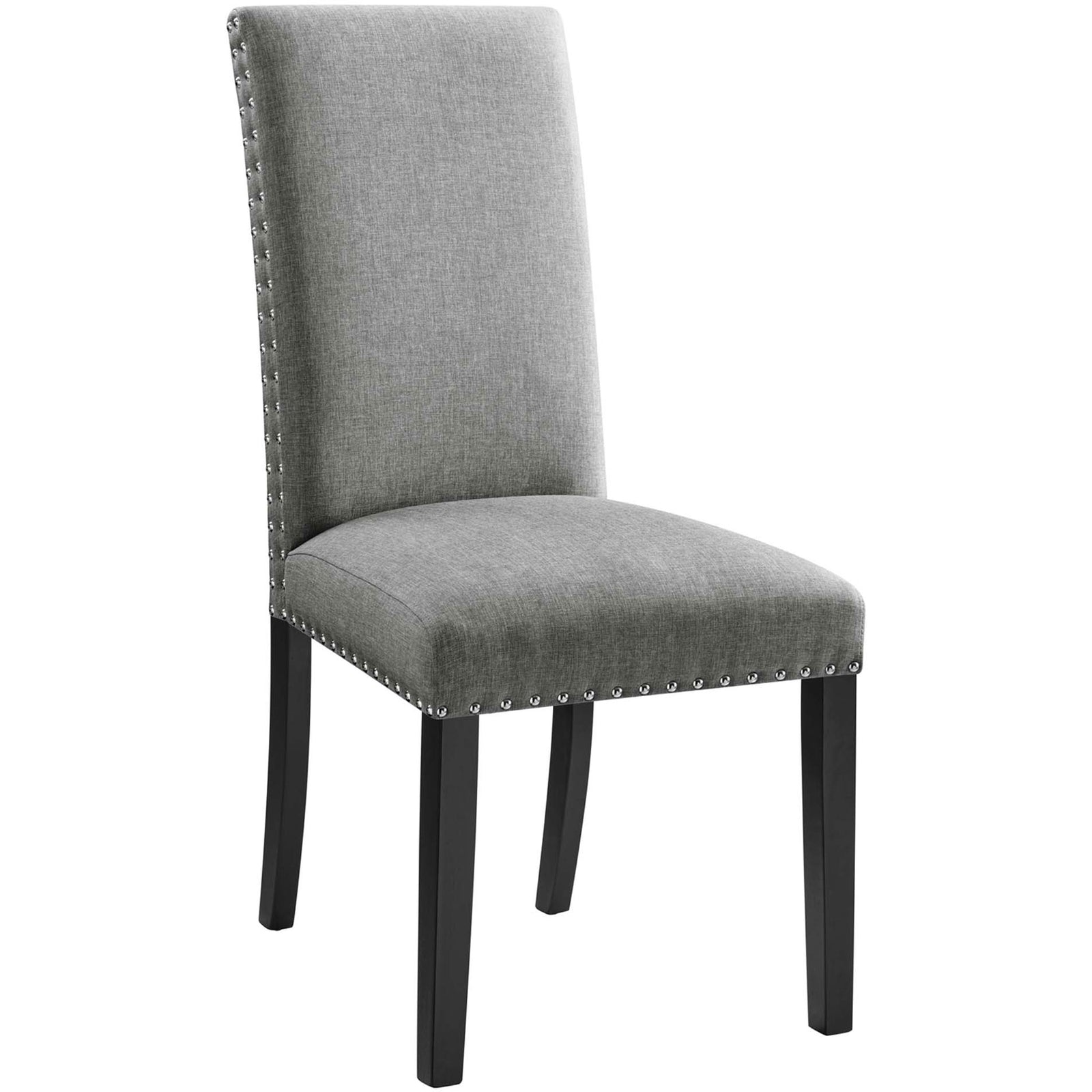 Light gray upholstered dining side chair with nailhead trim and espresso legs. || EEI-1384-LGR || front_angle_studio