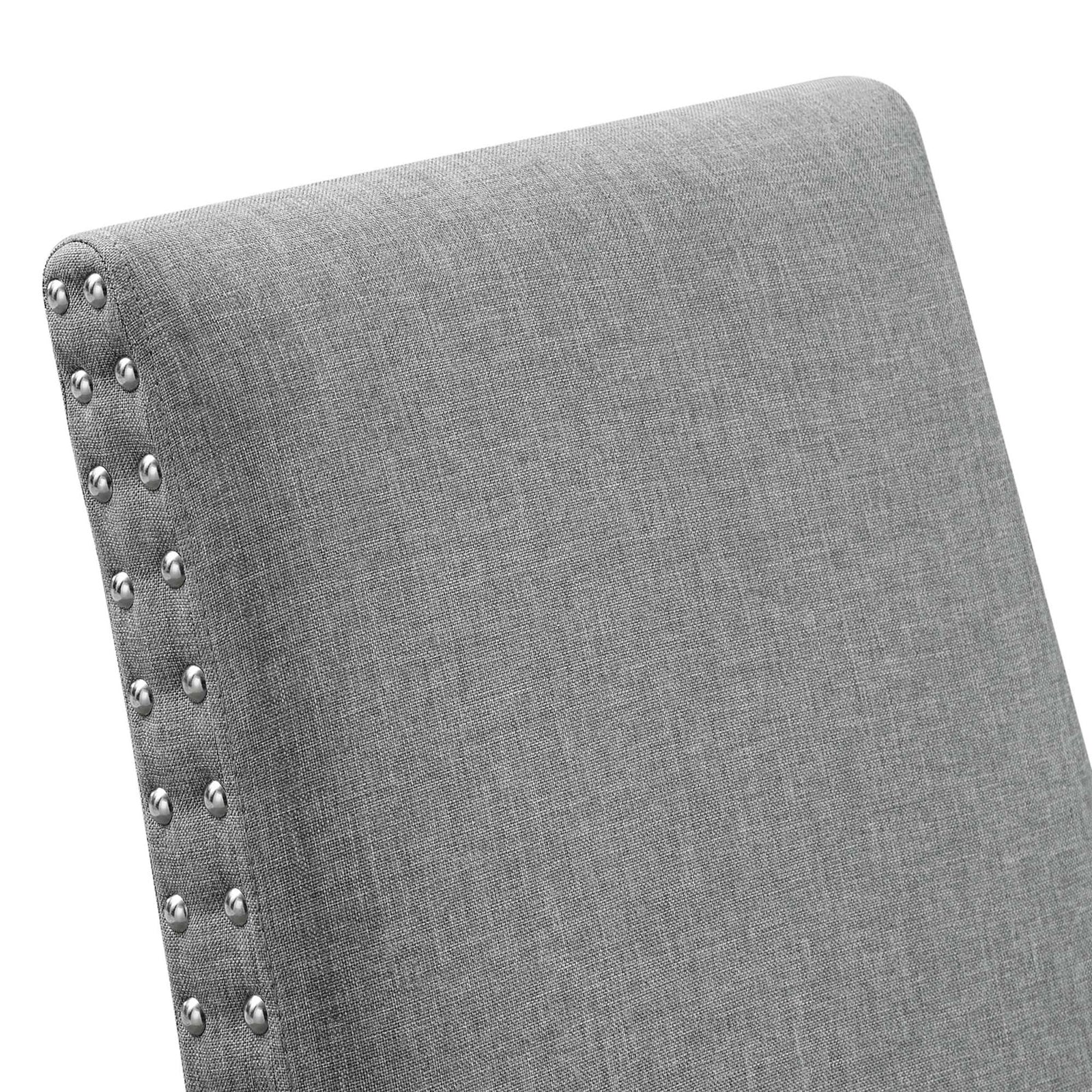 Light gray fabric backrest accented with polished metal nailhead trim along the edges. || EEI-1384-LGR || detail_studio