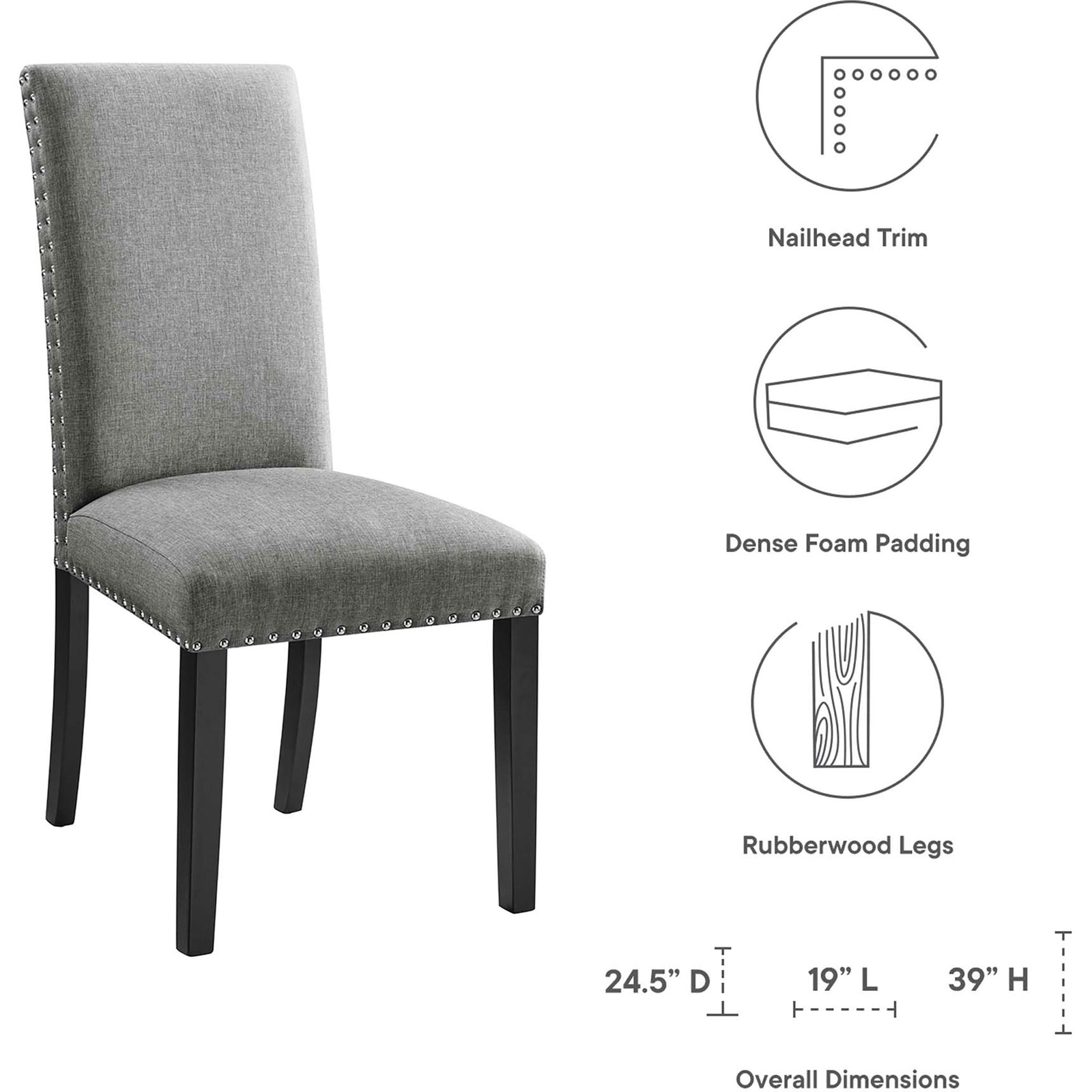 Light gray upholstered dining chair with icons highlighting nailhead trim, dense foam, rubberwood legs, and dimensions. || EEI-1384-LGR || dimension_studio