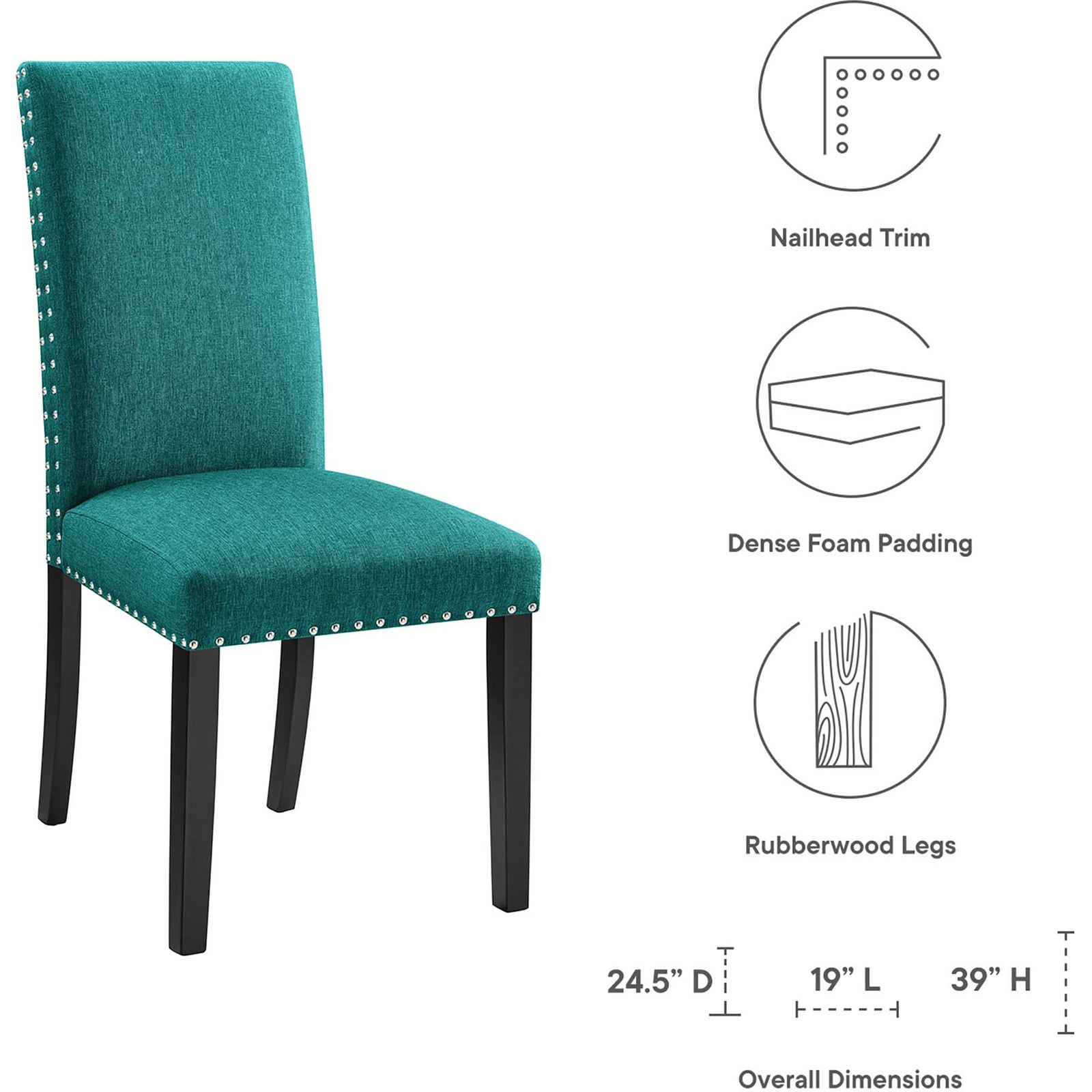 Teal upholstered dining chair with callouts for nailhead trim, dense foam padding, and overall dimensions || EEI-1384-TEA || dimension_studio