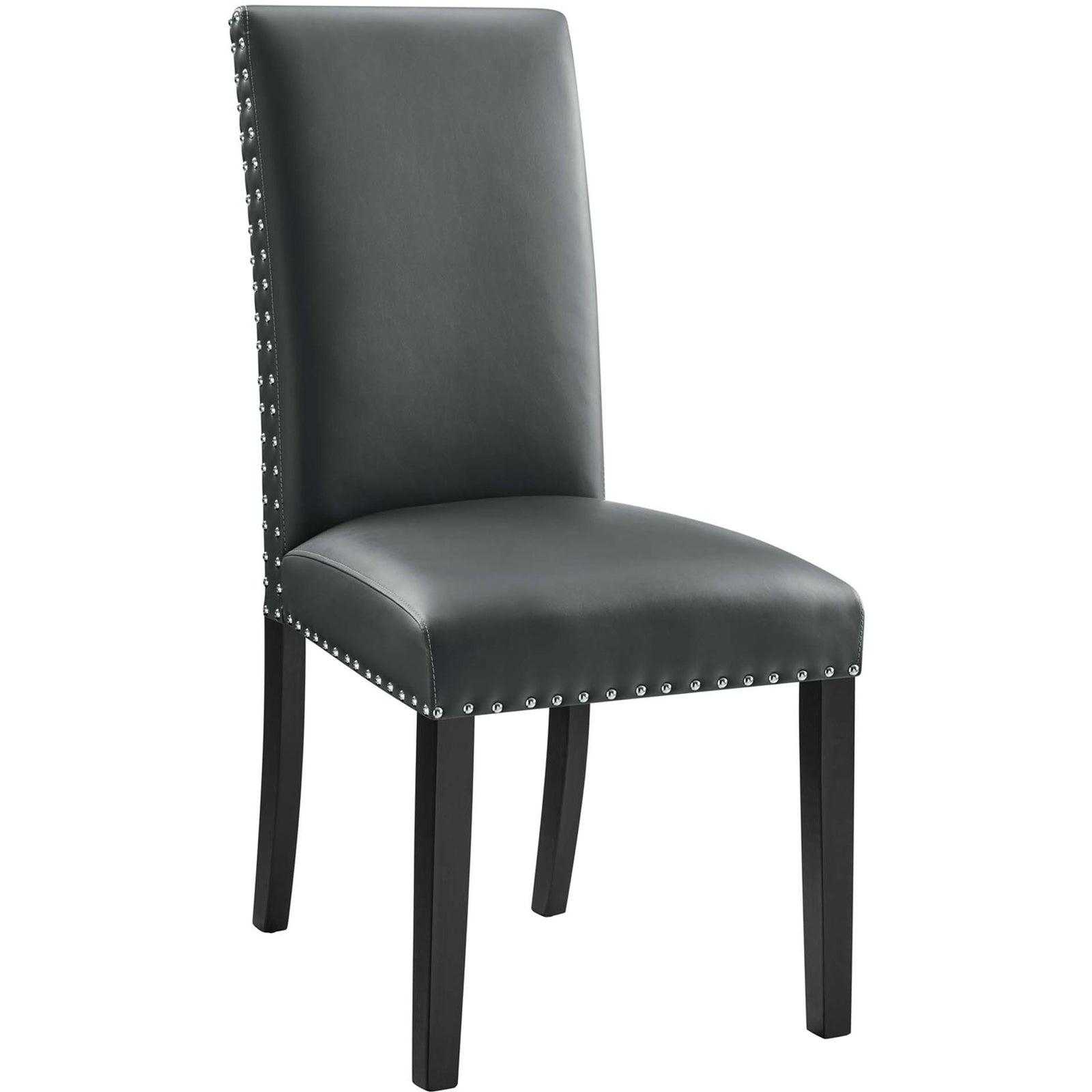 Gray faux leather dining chair with nailhead trim and black tapered wood legs || EEI-1491-GRY || front_angle_studio