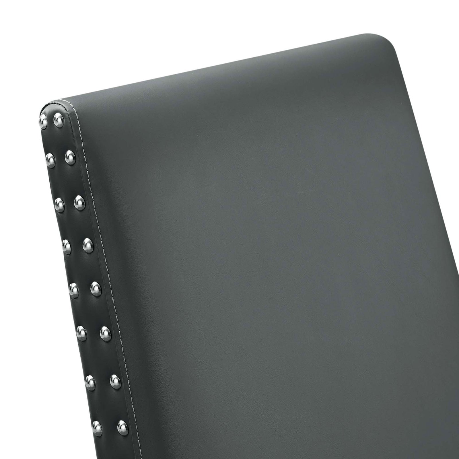 Plush gray faux leather backrest accented with double rows of polished nailhead trim || EEI-1491-GRY || detail_studio