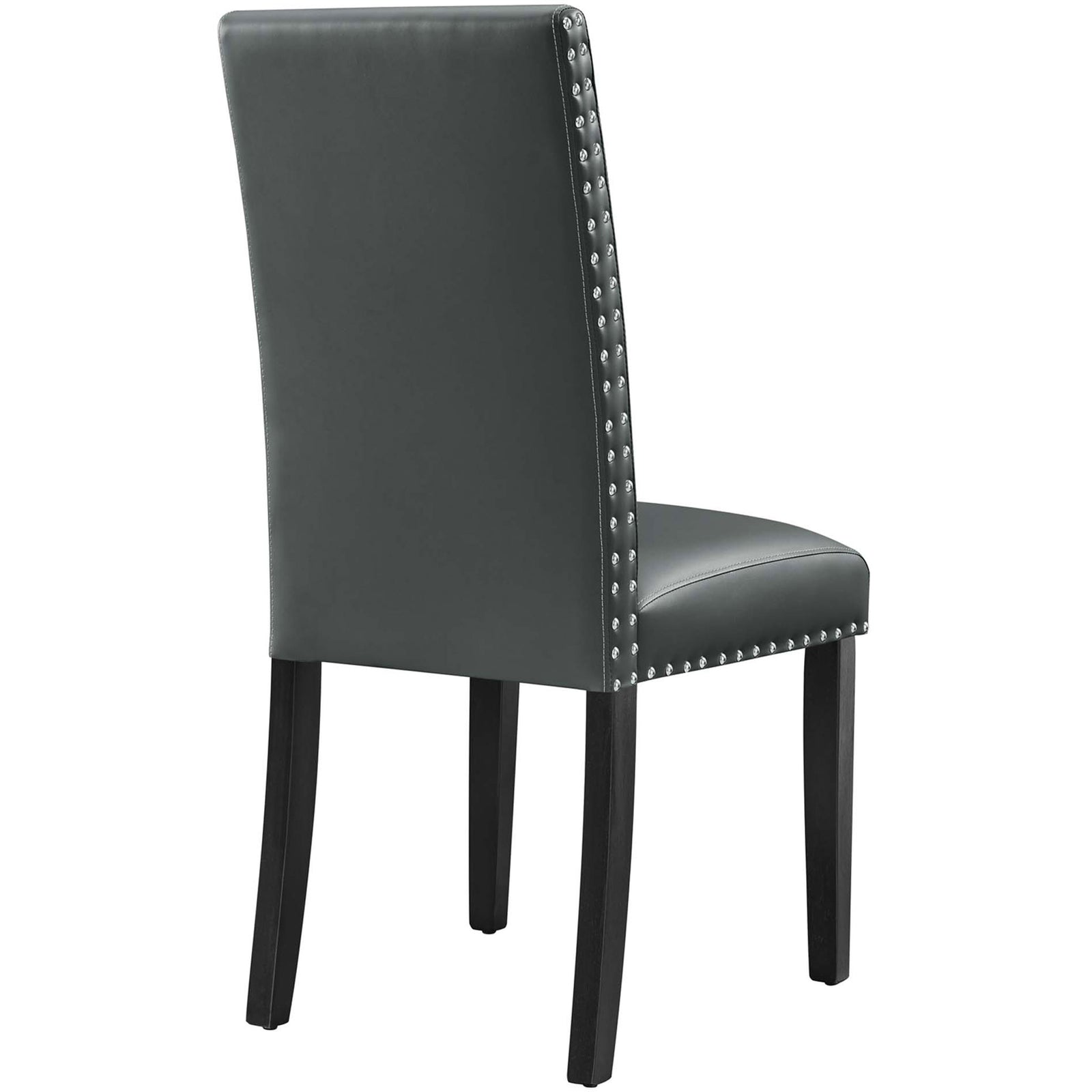 Smooth gray faux leather chair back highlighted by silver nailheads and sturdy black legs || EEI-1491-GRY || back_angle_studio