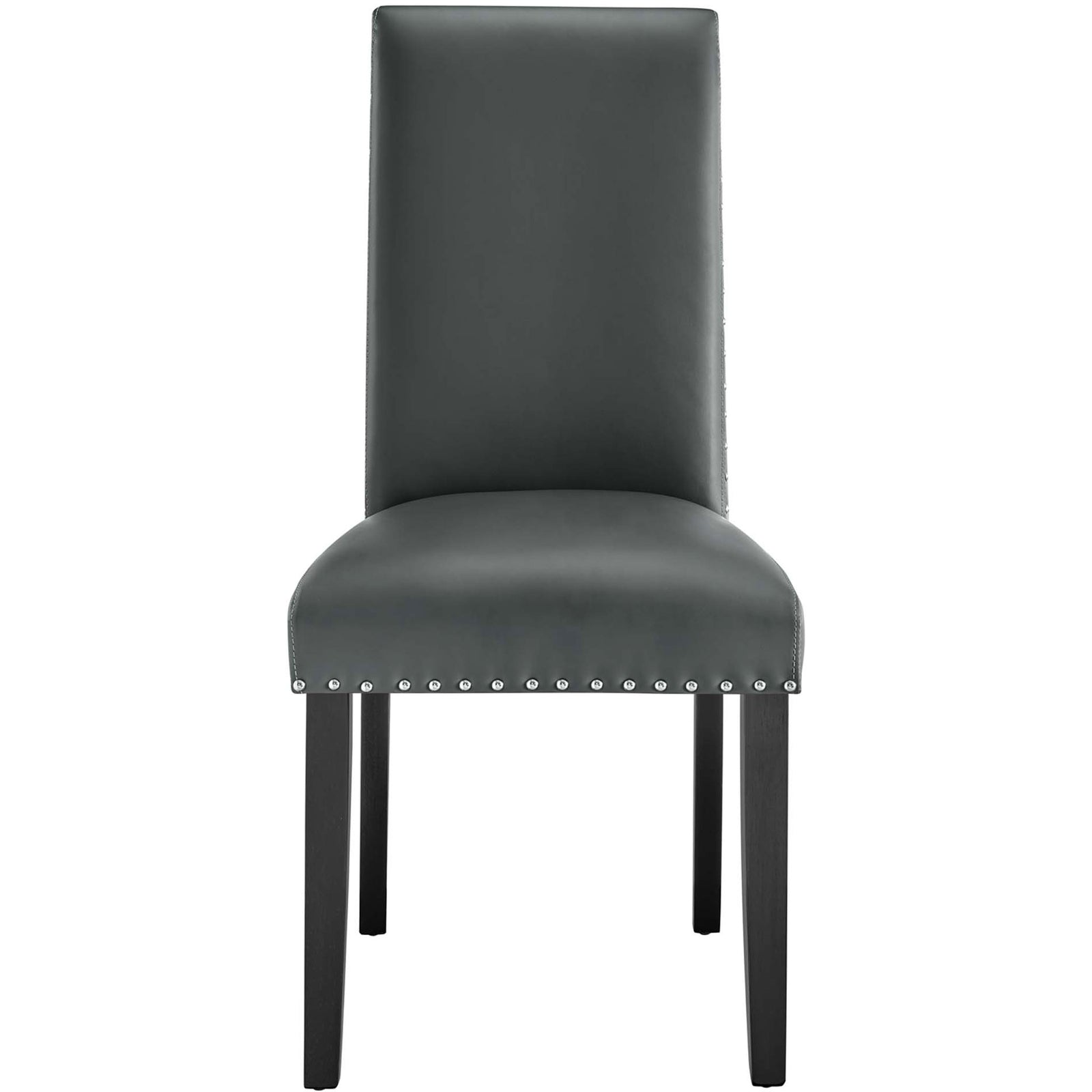 Supportive high back gray faux leather dining chair with clean lines and classic nailhead border || EEI-1491-GRY || front_studio