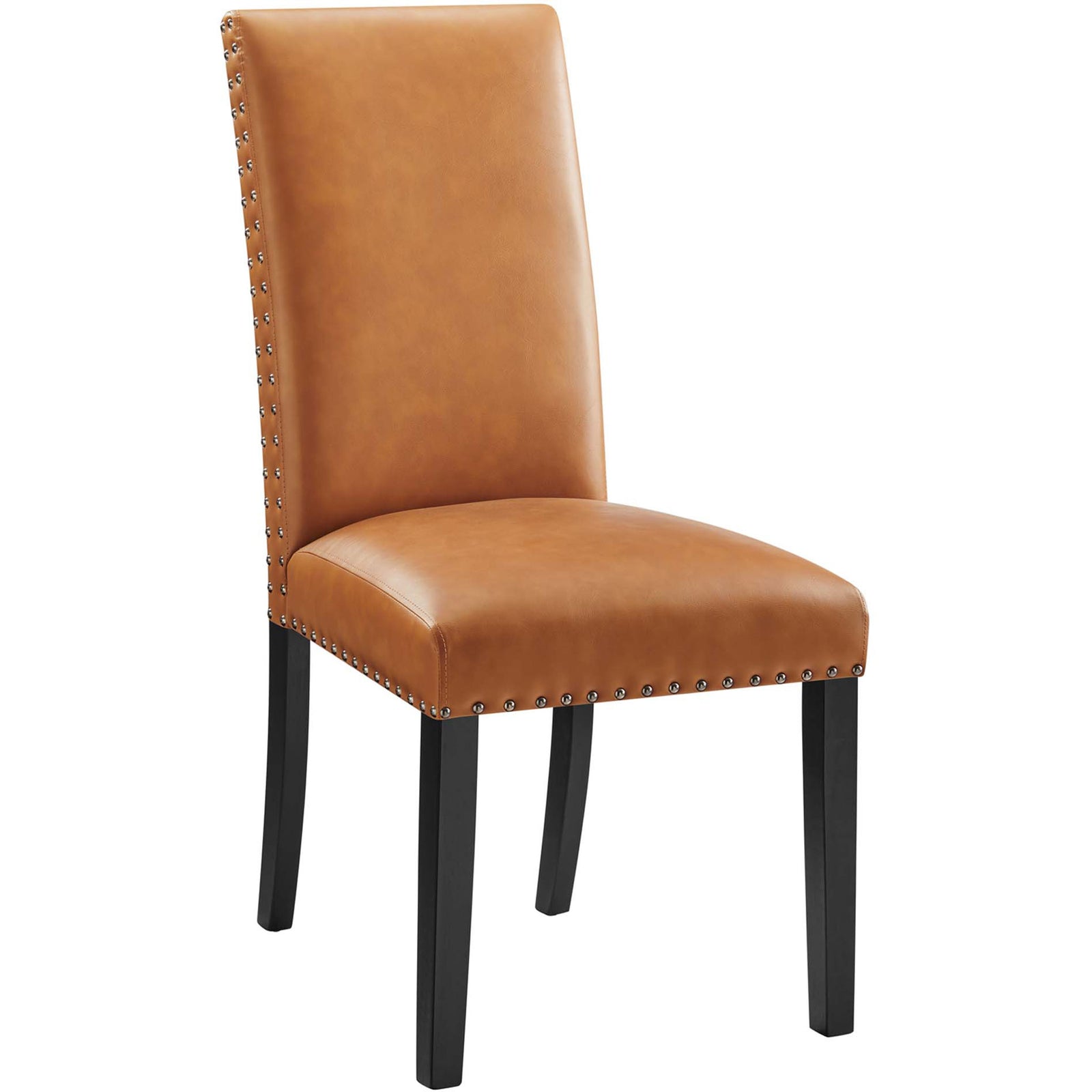 Angled view of tan faux leather dining chair showing tapered black wood legs and cushioned seat || EEI-1491-TAN || front_angle_studio
