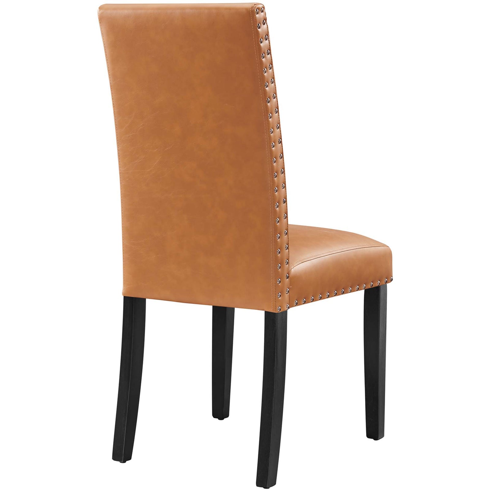 Tan faux leather dining chair back view highlighting smooth upholstery and nailhead border || EEI-1491-TAN || back_angle_studio