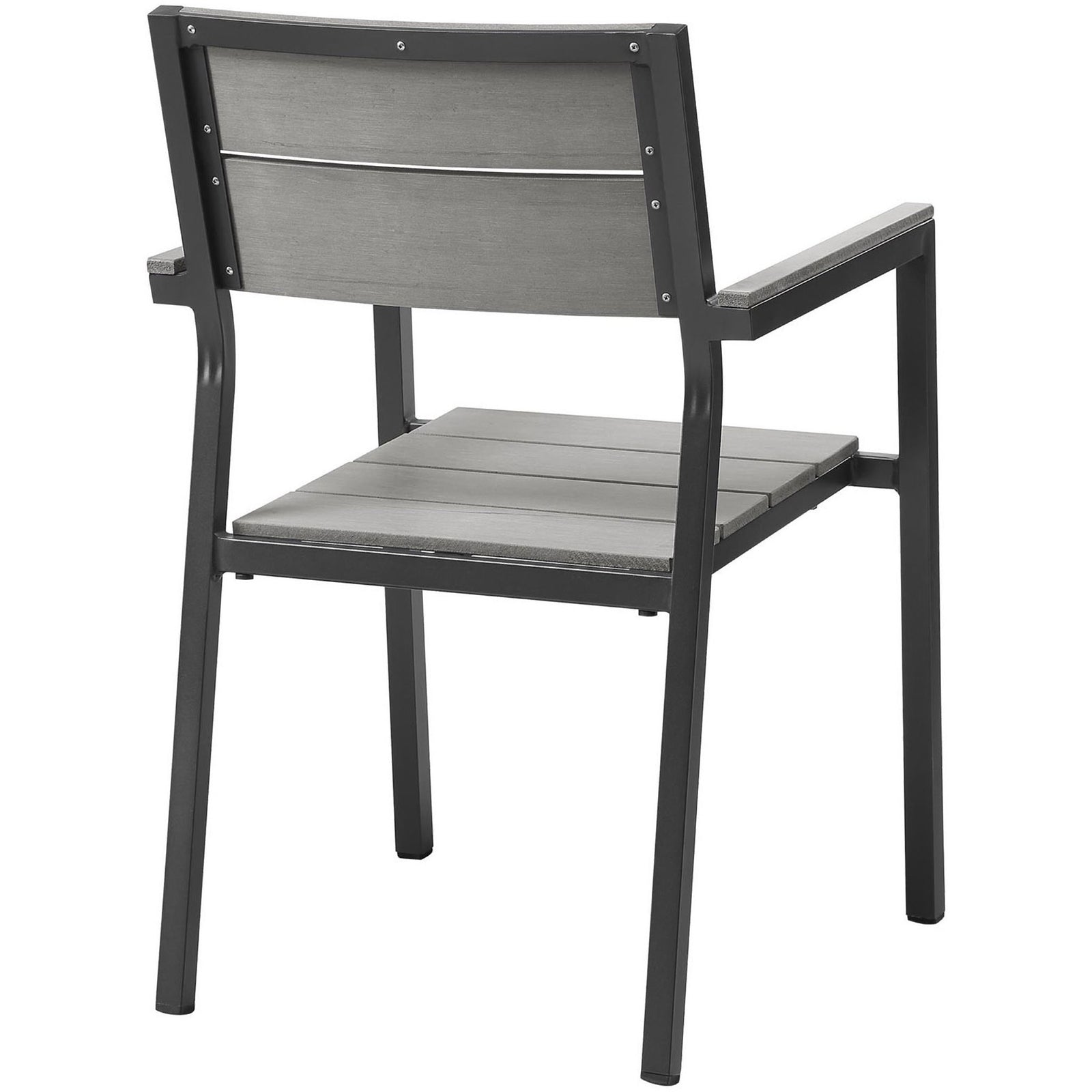 Brown and gray armchair showing wide slatted back and sturdy metal frame || EEI-1506-BRN-GRY || back_angle_studio