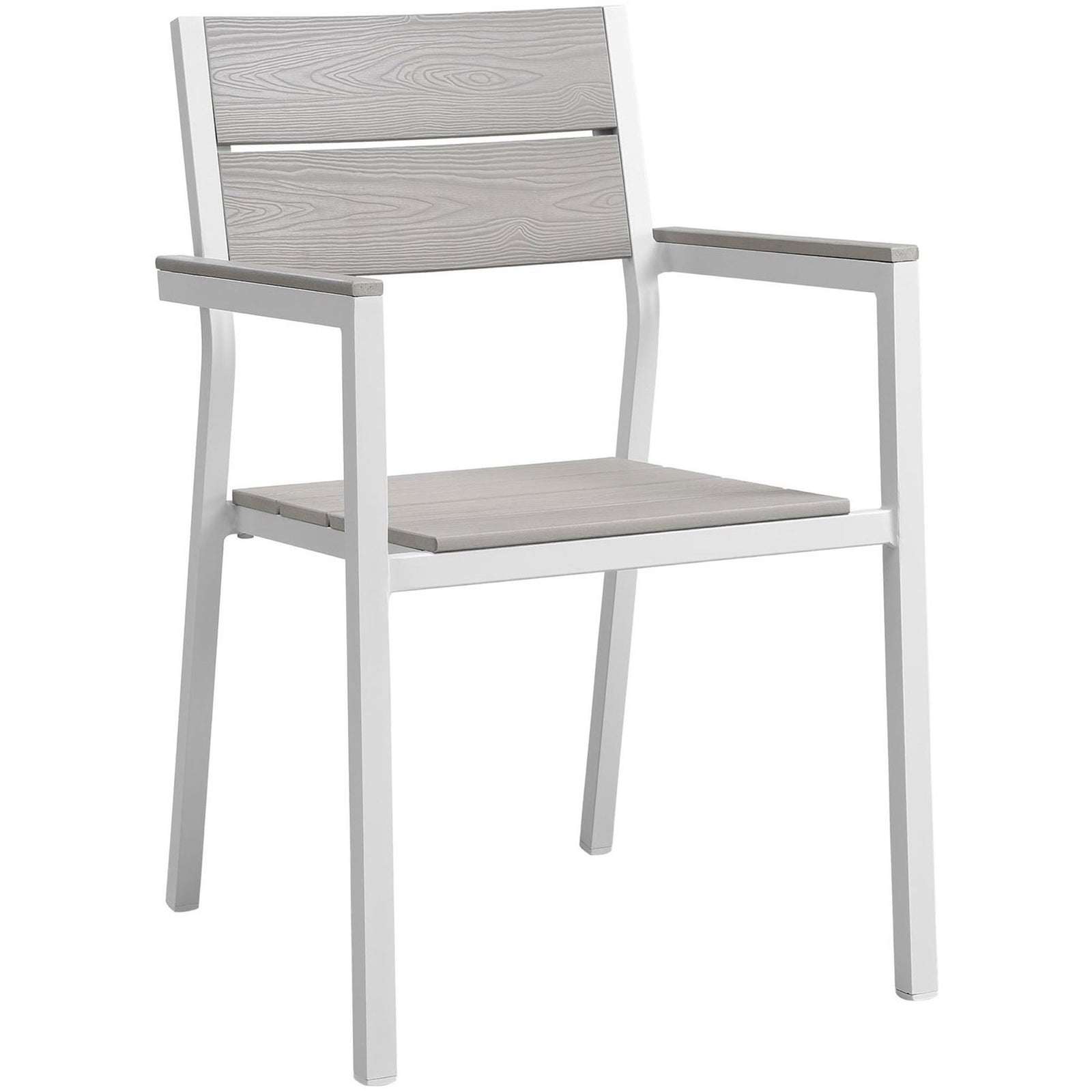 Crisp white outdoor armchair with light gray wood look slats || EEI-1506-WHI-LGR || front_angle_studio