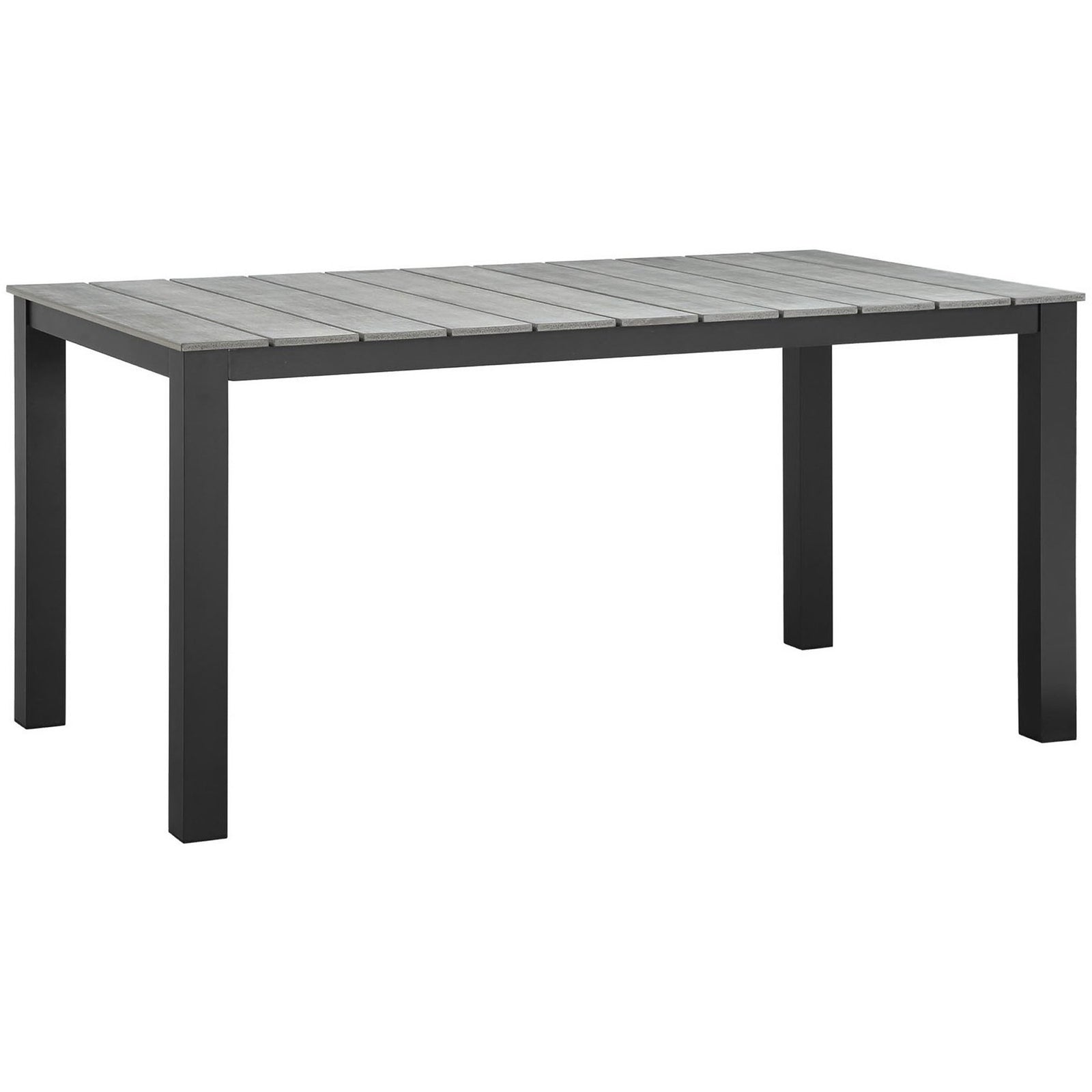 Sleek brown-gray patio table showcasing plank-style gray top and clean square legs. || EEI-1508-BRN-GRY || front_angle_studio