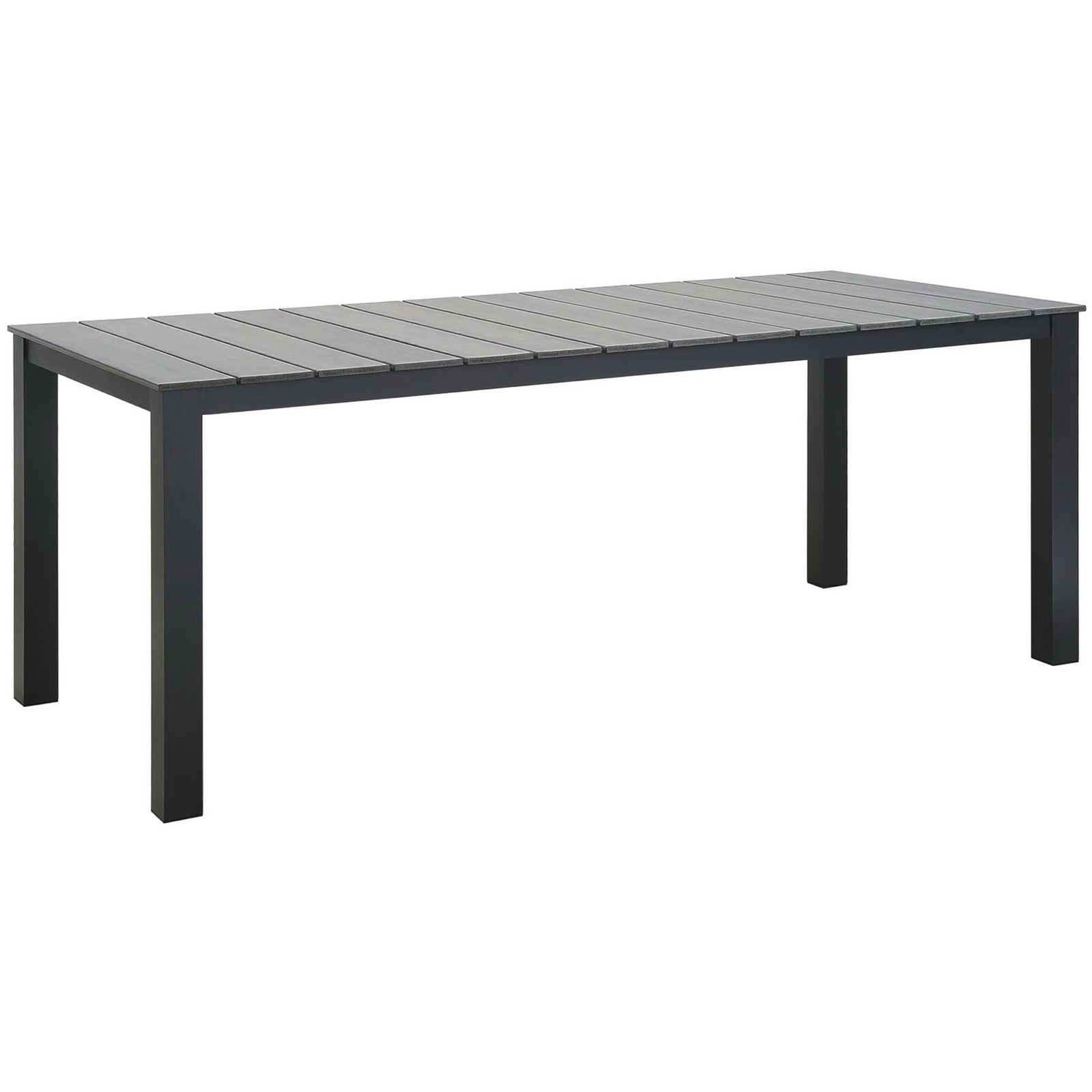 Spacious brown-gray patio table offering ample legroom beneath a streamlined slatted top. || EEI-1509-BRN-GRY || front_angle_studio