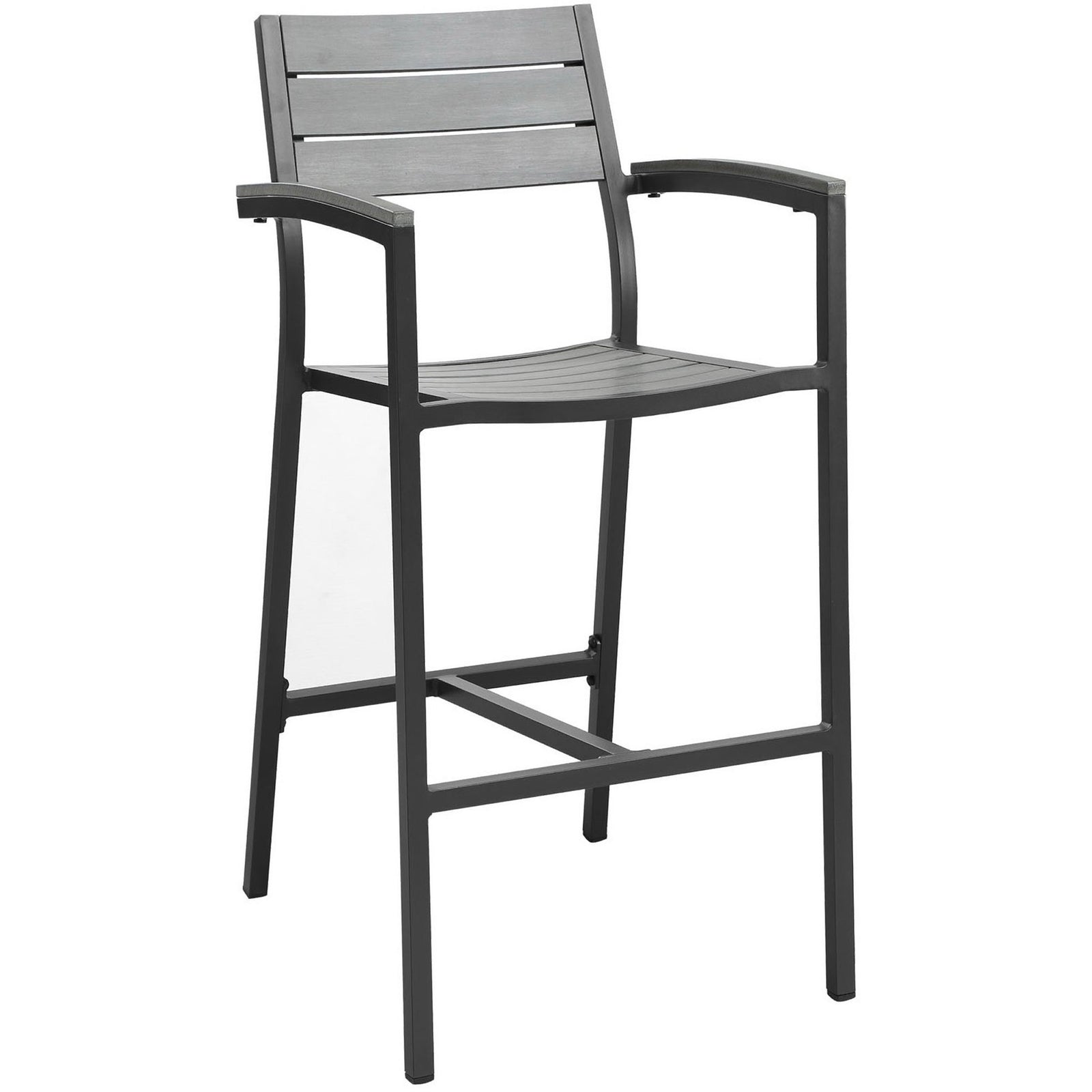 Sleek brown gray outdoor bar stool with curved arms, slatted seat, and integrated footrest for modern patios || EEI-1510-BRN-GRY || front_angle_studio