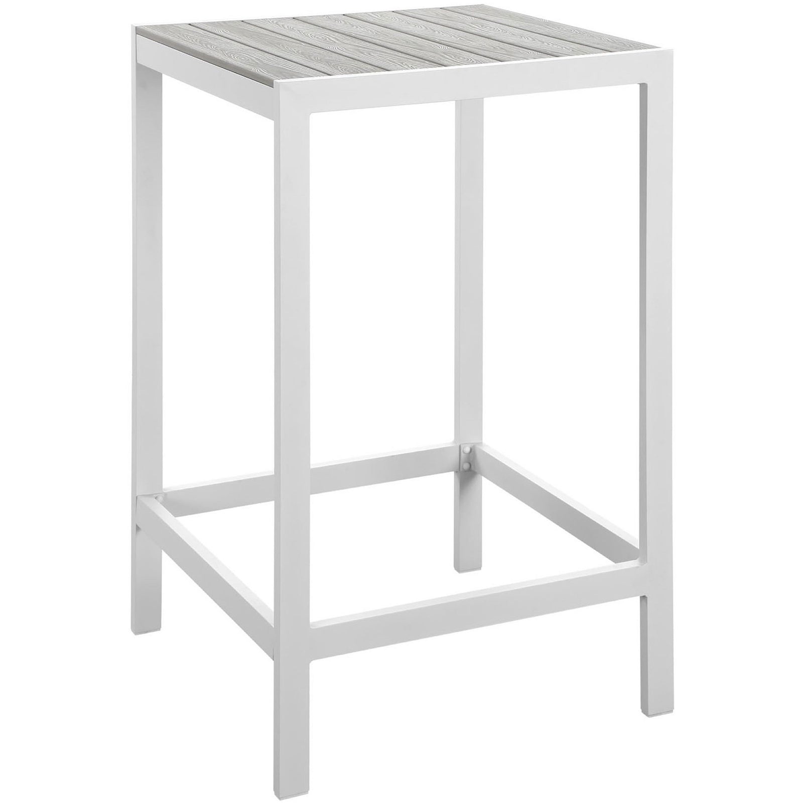 Modern outdoor bar table featuring a white aluminum base and gray slatted top ideal for poolside lounging || EEI-1511-WHI-LGR || front_angle_studio