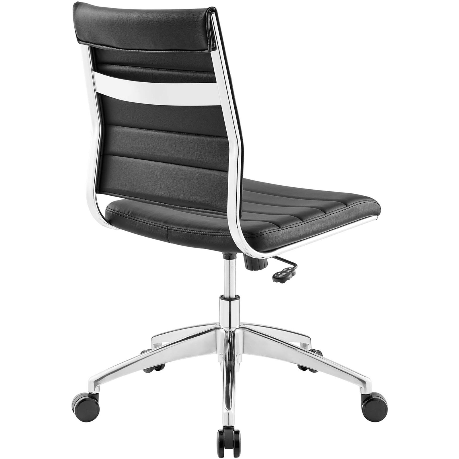 Jive office chair with sculpted black backrest, chrome frame, and integrated lumbar band || EEI-1525-BLK || back_angle_studio