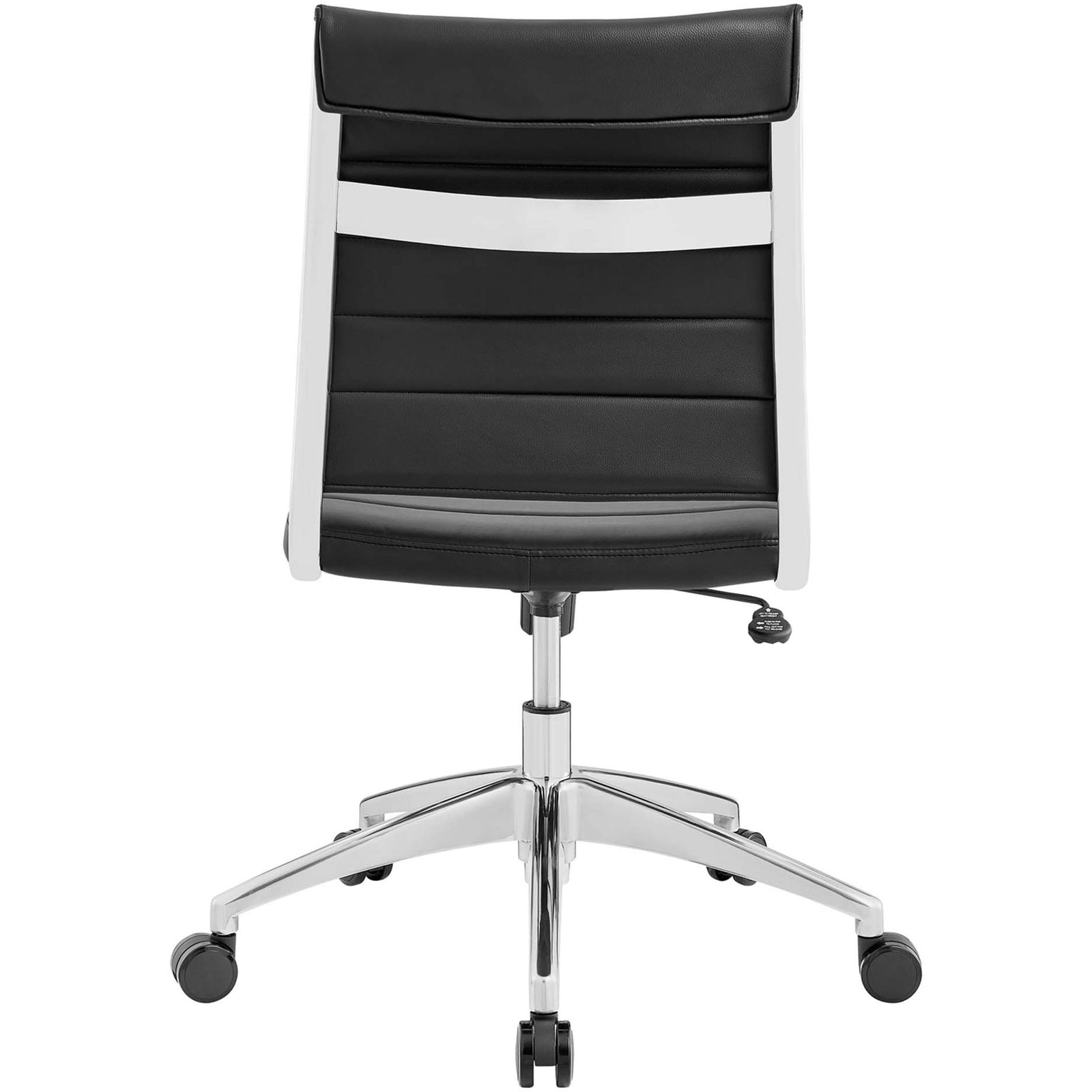 Jive armless desk chair highlighting ribbed black back upholstery and chrome support bar || EEI-1525-BLK || back_studio