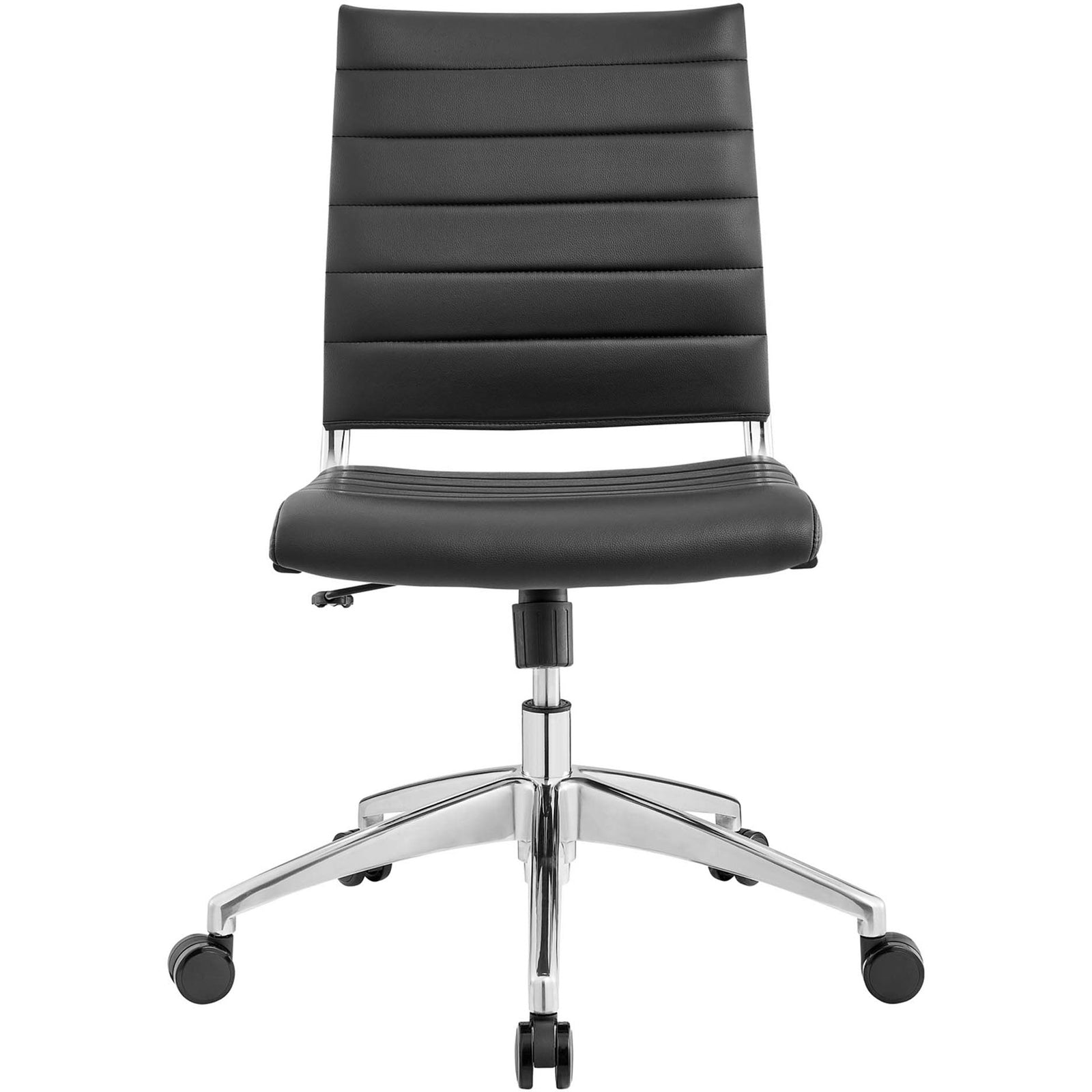 Jive armless mid back office chair in black vinyl with sleek chrome base and smooth rolling casters || EEI-1525-BLK || front_studio