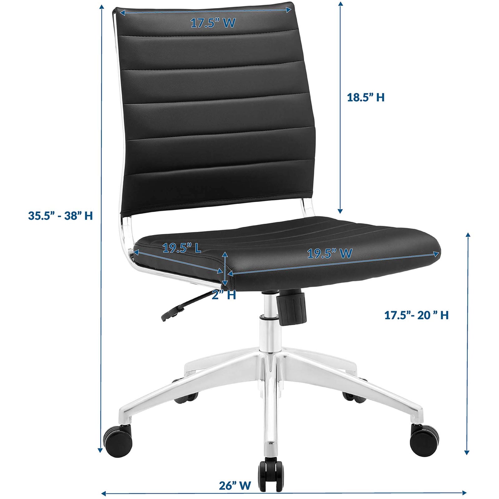 Size guide for the Jive armless office chair with labeled height, width, depth, and seat dimensions || EEI-1525-BLK || dimension_studio