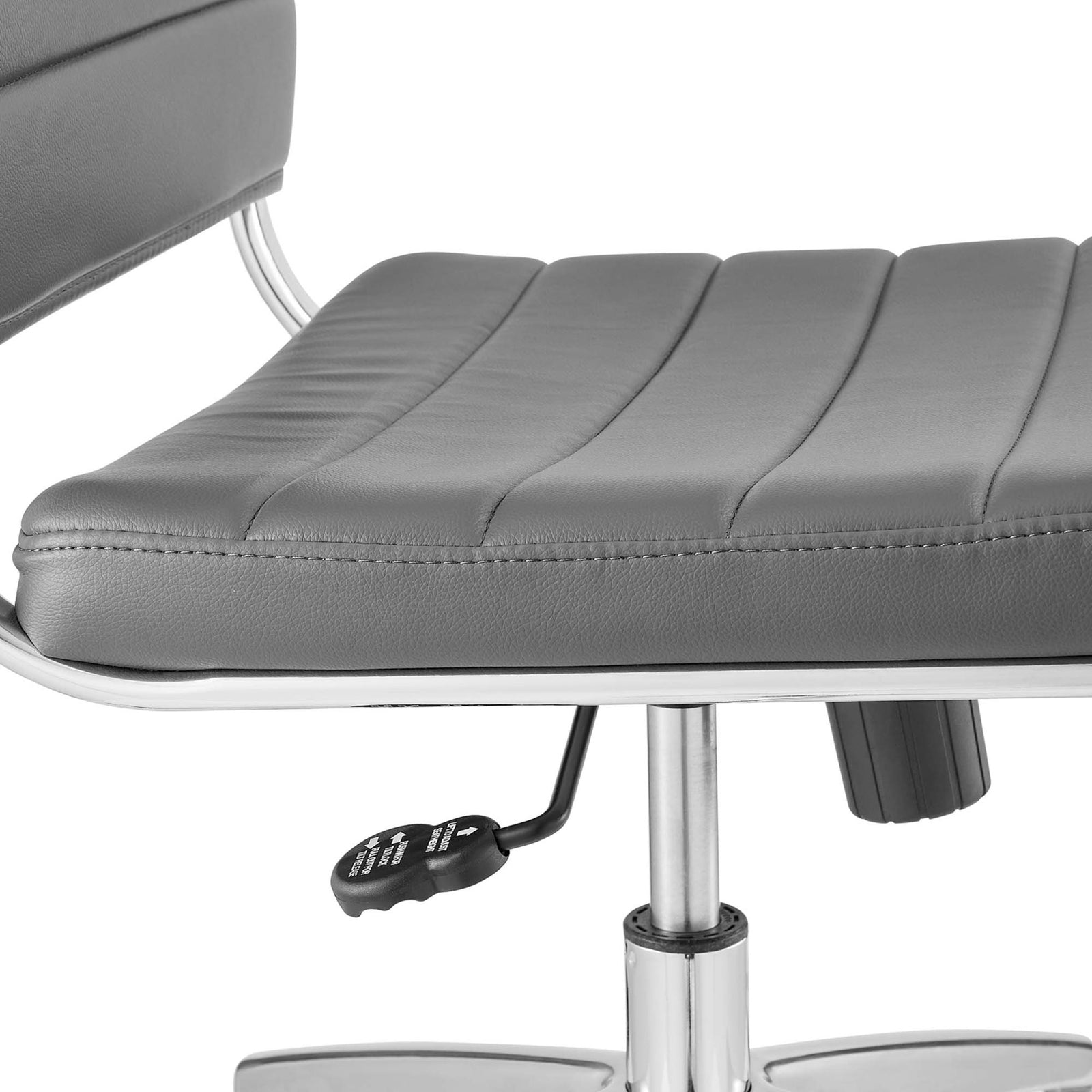 Padded gray seat with stitched channels and convenient height and tilt adjustment levers beneath || EEI-1525-GRY || detail_studio