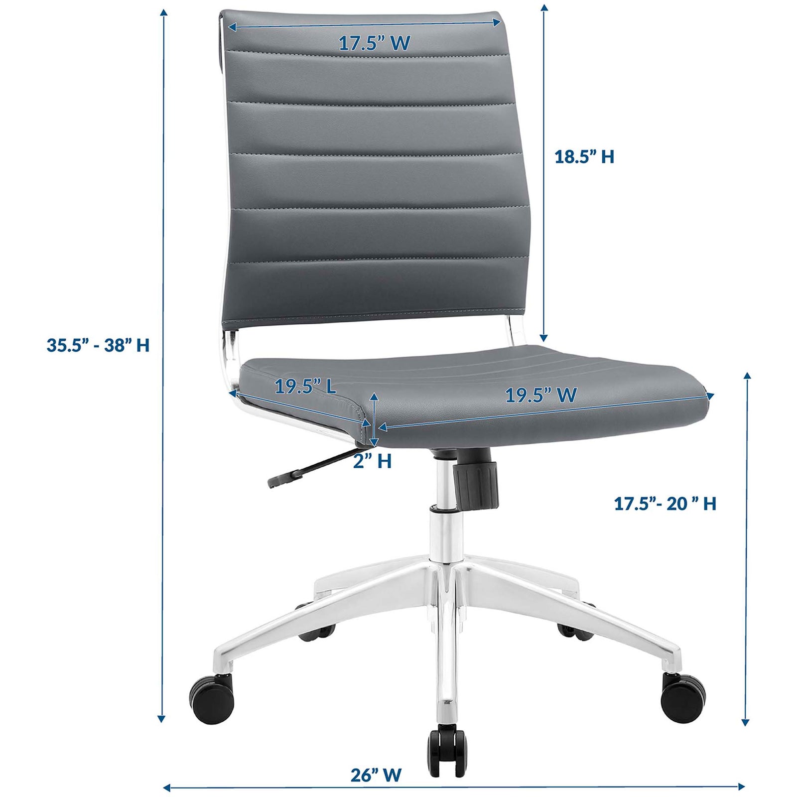 Sizing guide for gray Jive office chair with clearly labeled seat, back, and overall height dimensions || EEI-1525-GRY || dimension_studio