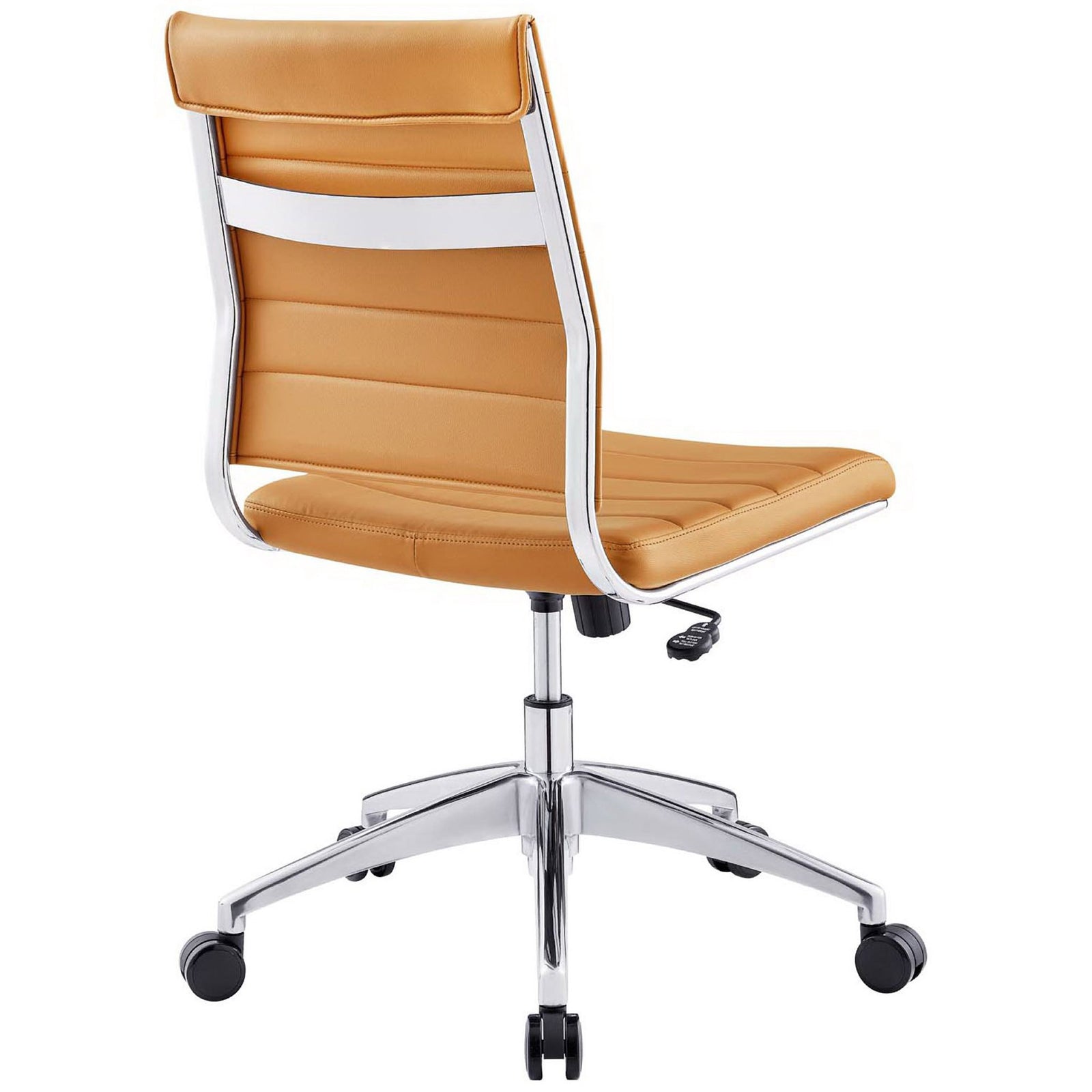 Tan office chair with supportive ribbed back, chrome framing, and horizontal accent band || EEI-1525-TAN || back_angle_studio