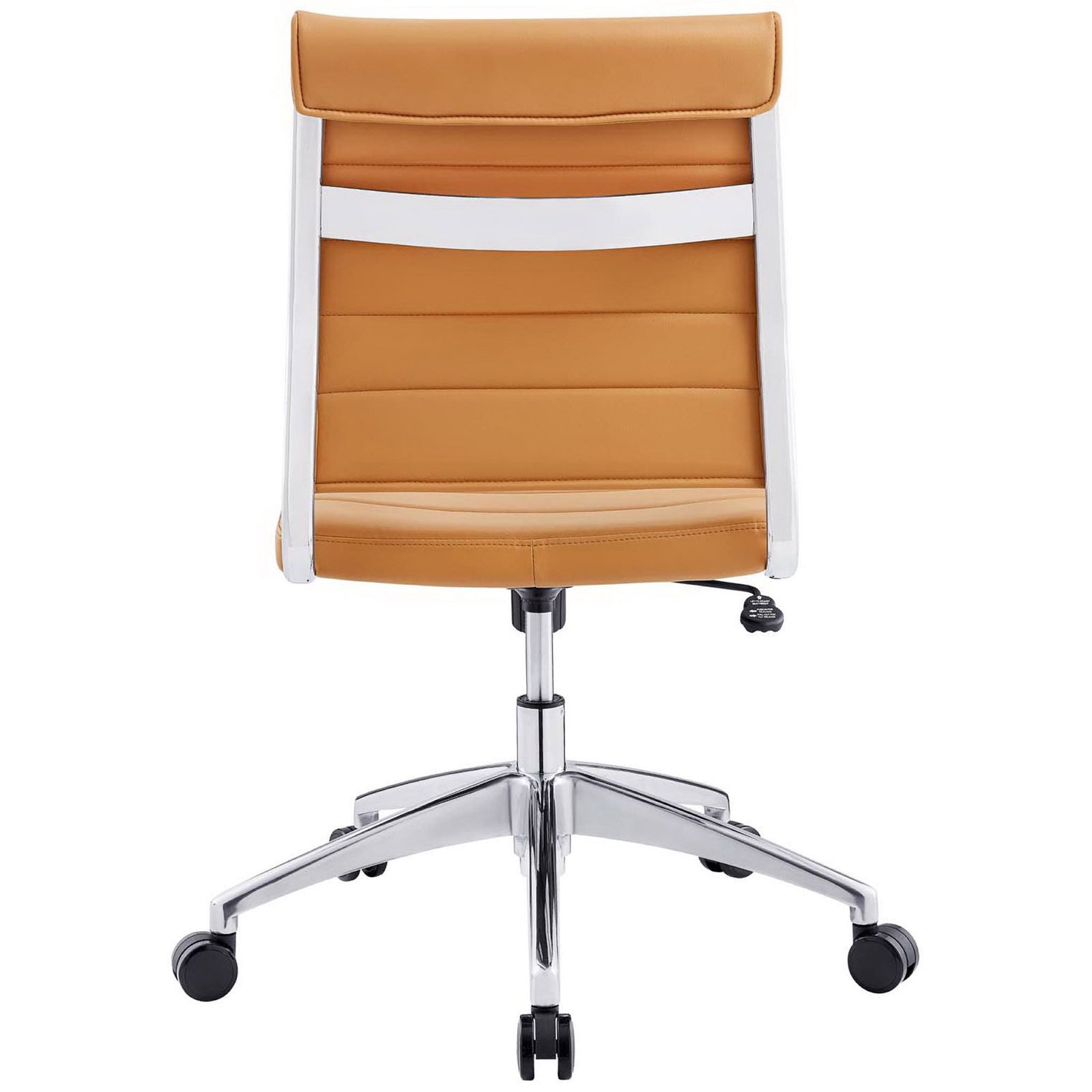 Tan armless chair with gently curved ribbed backrest and sturdy five-star chrome base || EEI-1525-TAN || back_studio