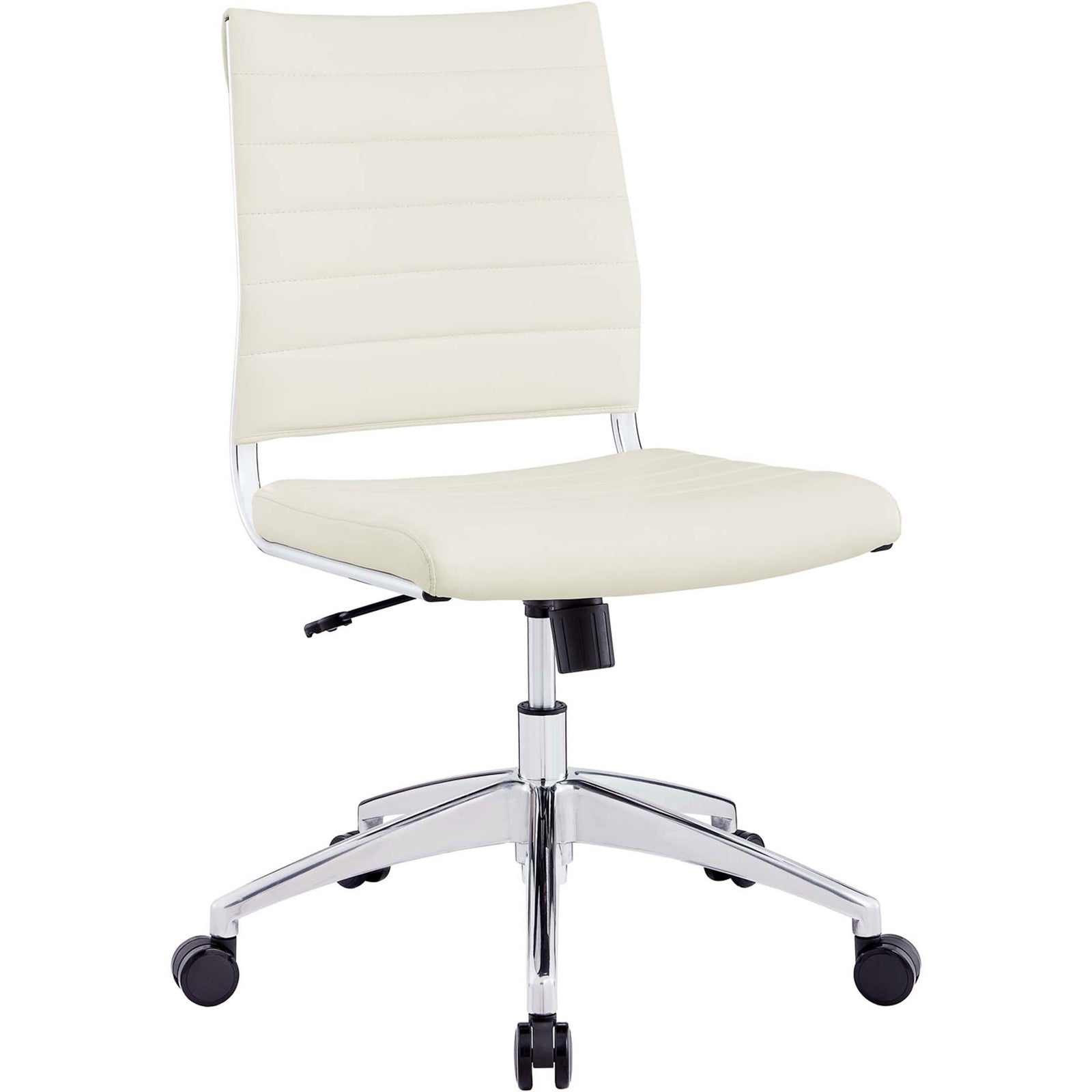 Sleek white armless office chair with ribbed padding and chrome base on smooth casters. || EEI-1525-WHI || front_angle_studio