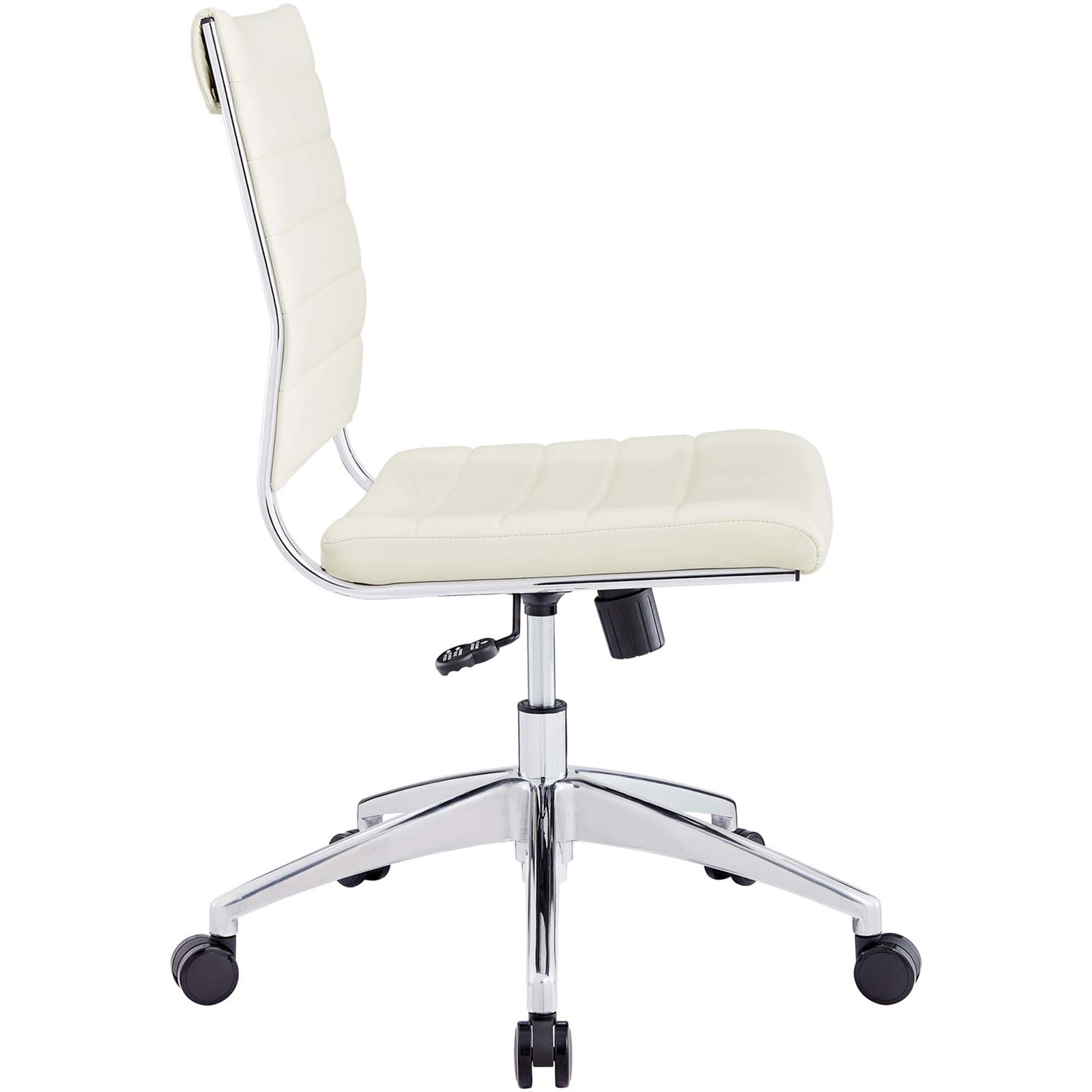 Slim white armless desk chair with gently curved backrest and polished chrome base. || EEI-1525-WHI || side_studio